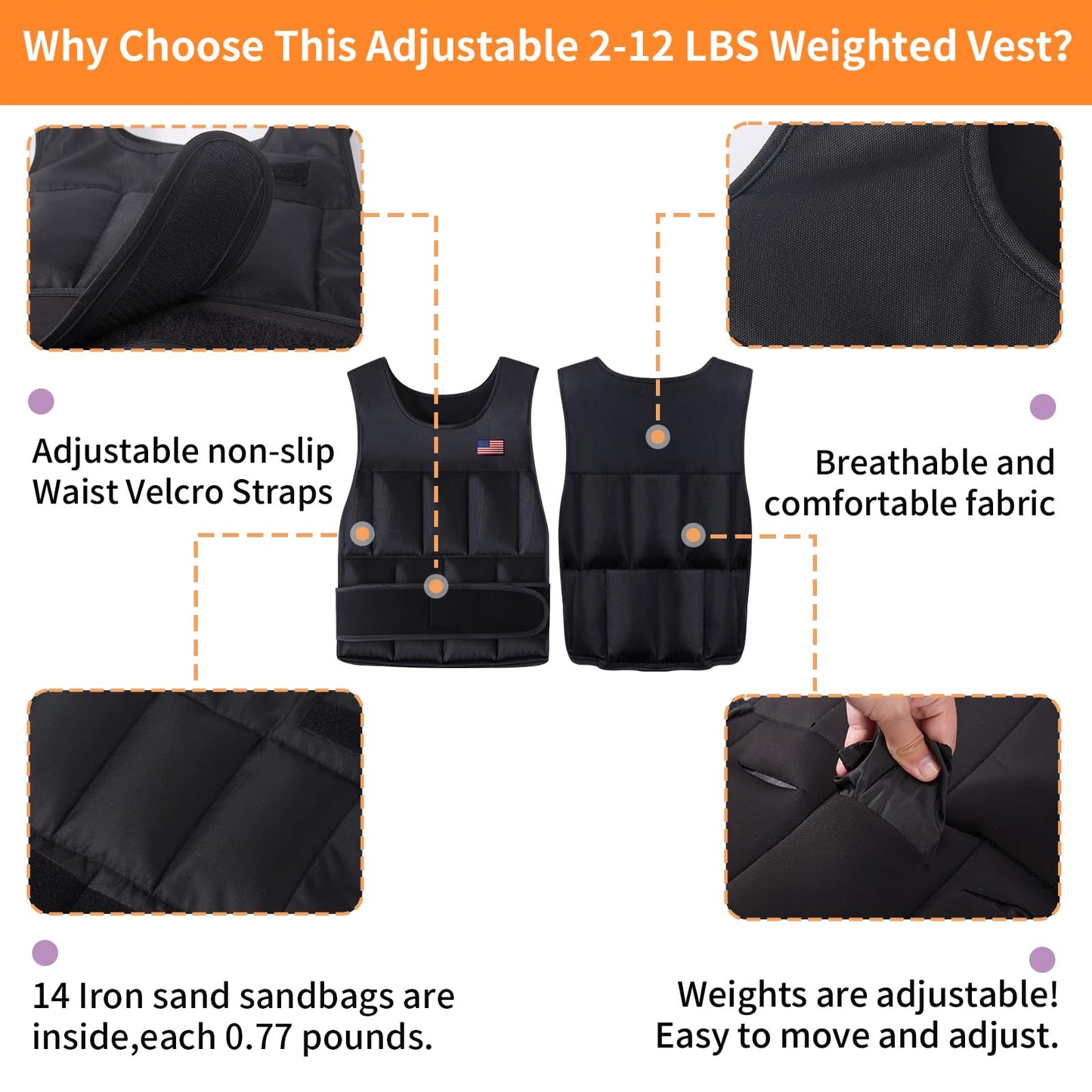 Wolliwa Adjustable Weighted Vest for Men Women,2-12 Lbs Adjustable Weighted Vest with Straps Womens Running Weight Vest for Walking Strength Training Fitness (Black, Adjustable 2-12 Lbs)