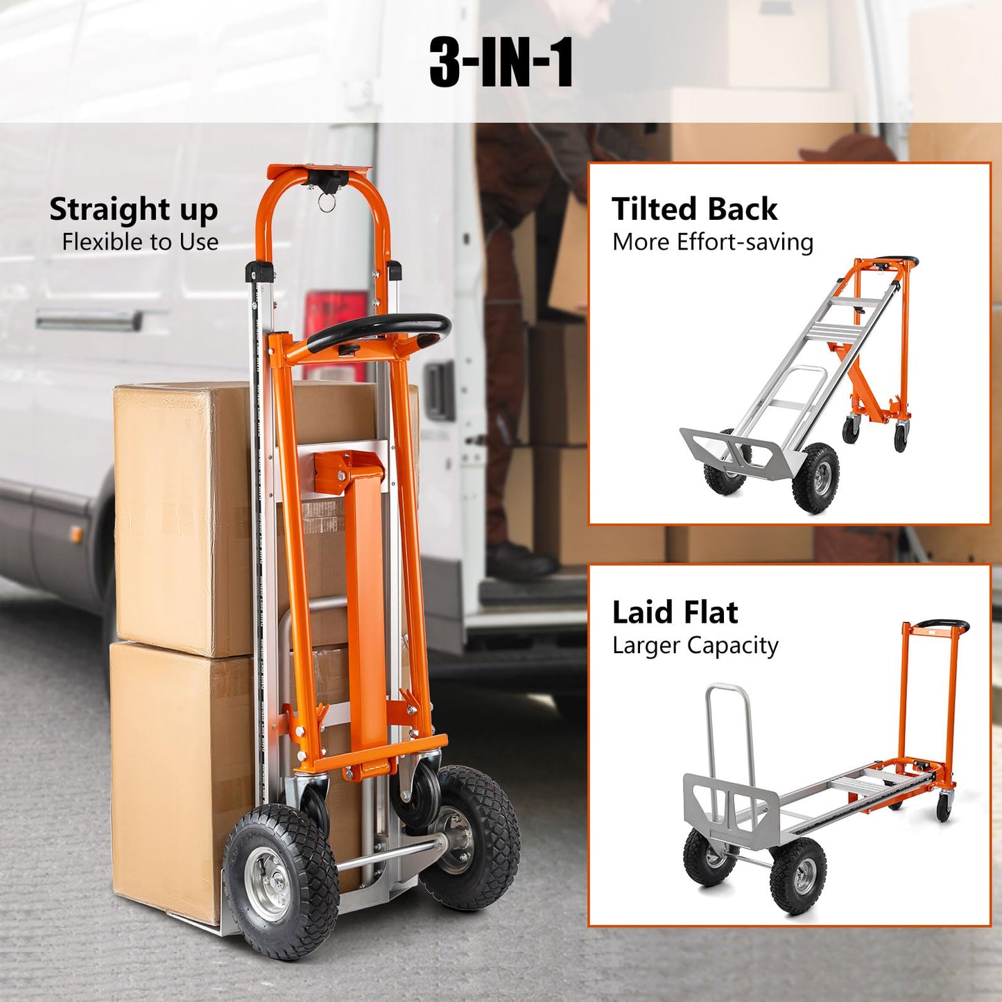 Hitgrand 3in1 Convertible Hand Truck, Aluminum Hand Trucks 880 lb Capacity, Utility Dolly Cart Converts from Hand Truck Dolly to Platform Cart 3 Positions for Transport & Moving with 10" Rubber Wheels