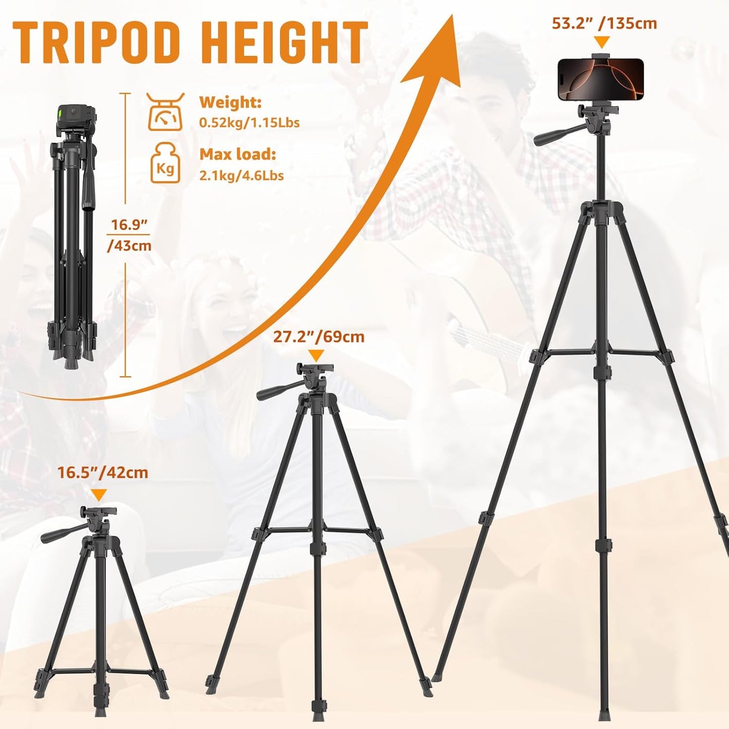 Lusweimi 53'' 16 Max/15 Luswemi Phone & Camera Mount Tripod Stand with Remote and Holder, Portable Cellphone Tripod