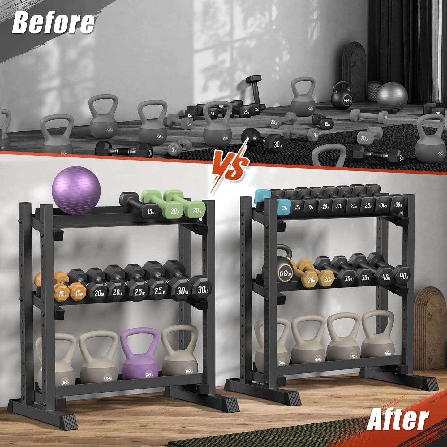 3-Tier Dumbbell Rack, 1100LB Capacity Adjustable Weight Rack for Home Gym, Heavy-Duty Weight Stand for Dumbbells Kettlebells & Weight Plates(Rack Only)