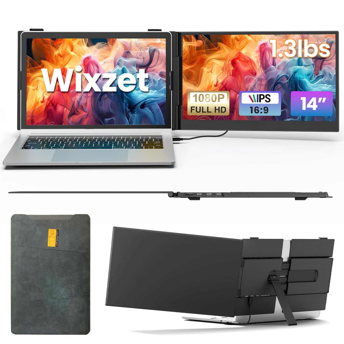Wixzet Laptop Screen Extender, Ultra-Thin 14" FHD 1080P IPS Portable Monitor for 13"-17" Laptop, 1.3lbs Lightweight Dual Monitor Extender, Plug & Play for Wins/Mac/Android/Chrome