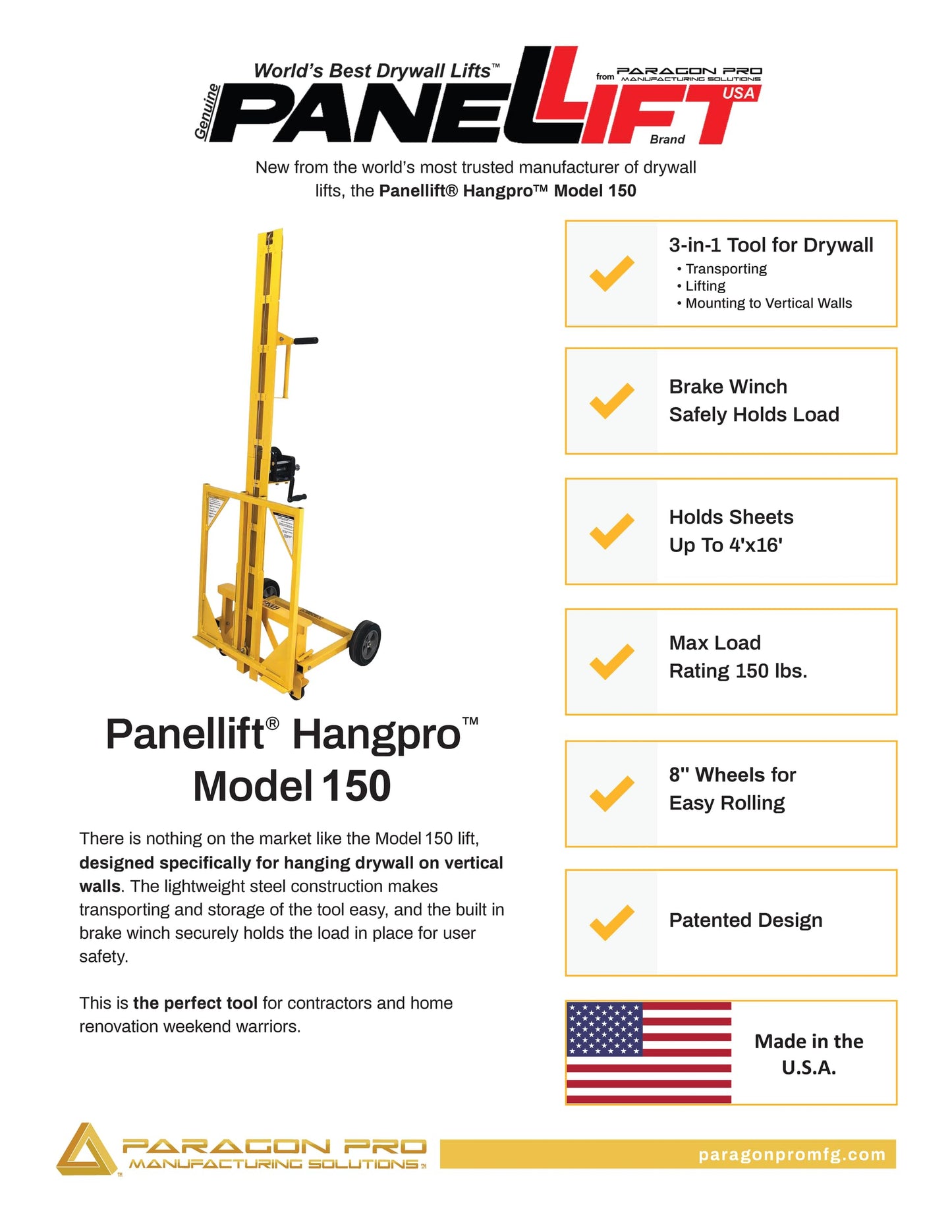 PanelLift Hangpro Drywall Lift for Walls Model 150