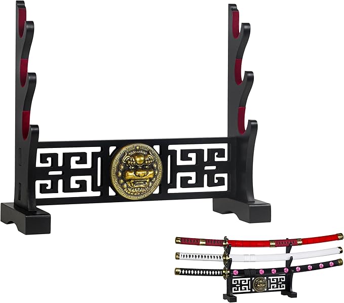 Logest Sword Stand - 4 Tier Options Available - Crafted Using Wood Katana Holder - Furnished in Black With a Gold Lion?™s Head - Desirable Sword Display Gift Option - Sword Holder Katana Stand (3-Tier)
