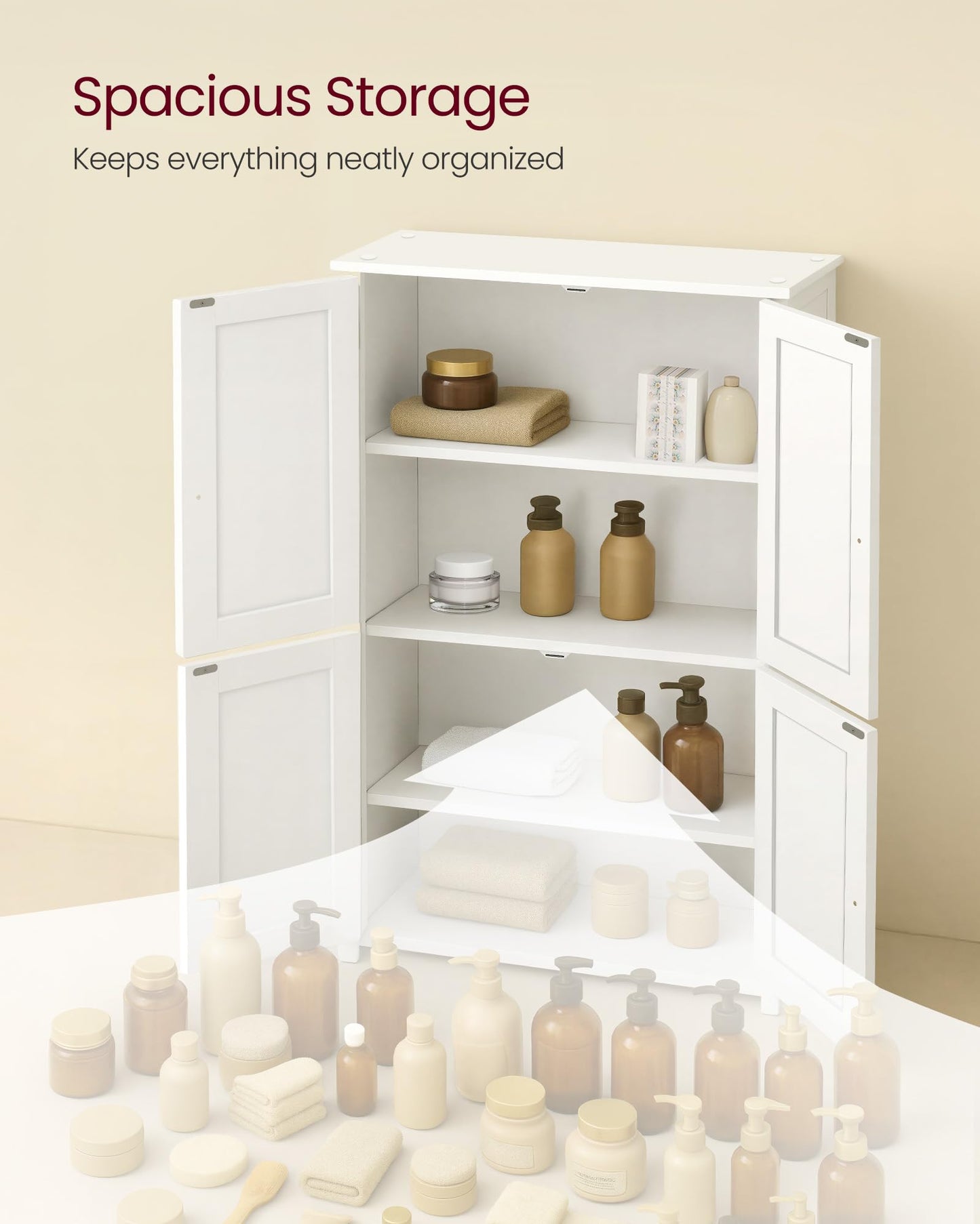 VASAGLE Floor Storage Cabinet, Shaker Cabinet with 2 Adjustable Shelves, 4 Doors, Tall Freestanding Organizer Unit, for Kitchen Bathroom Living Room, Cloud White UBBC553WH01S