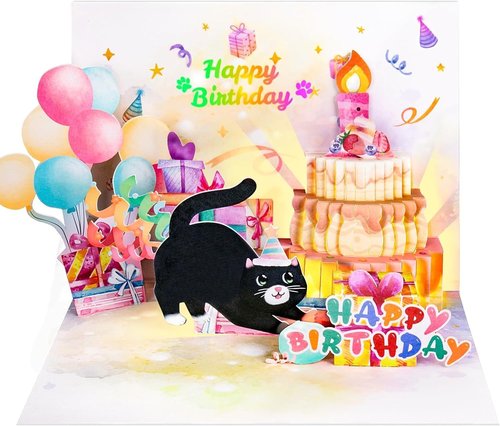 FITMITE Birthday Cards - Cute Cat Design with Music, Lights & Blowable Candle | Perfect Gift for Cat Lovers