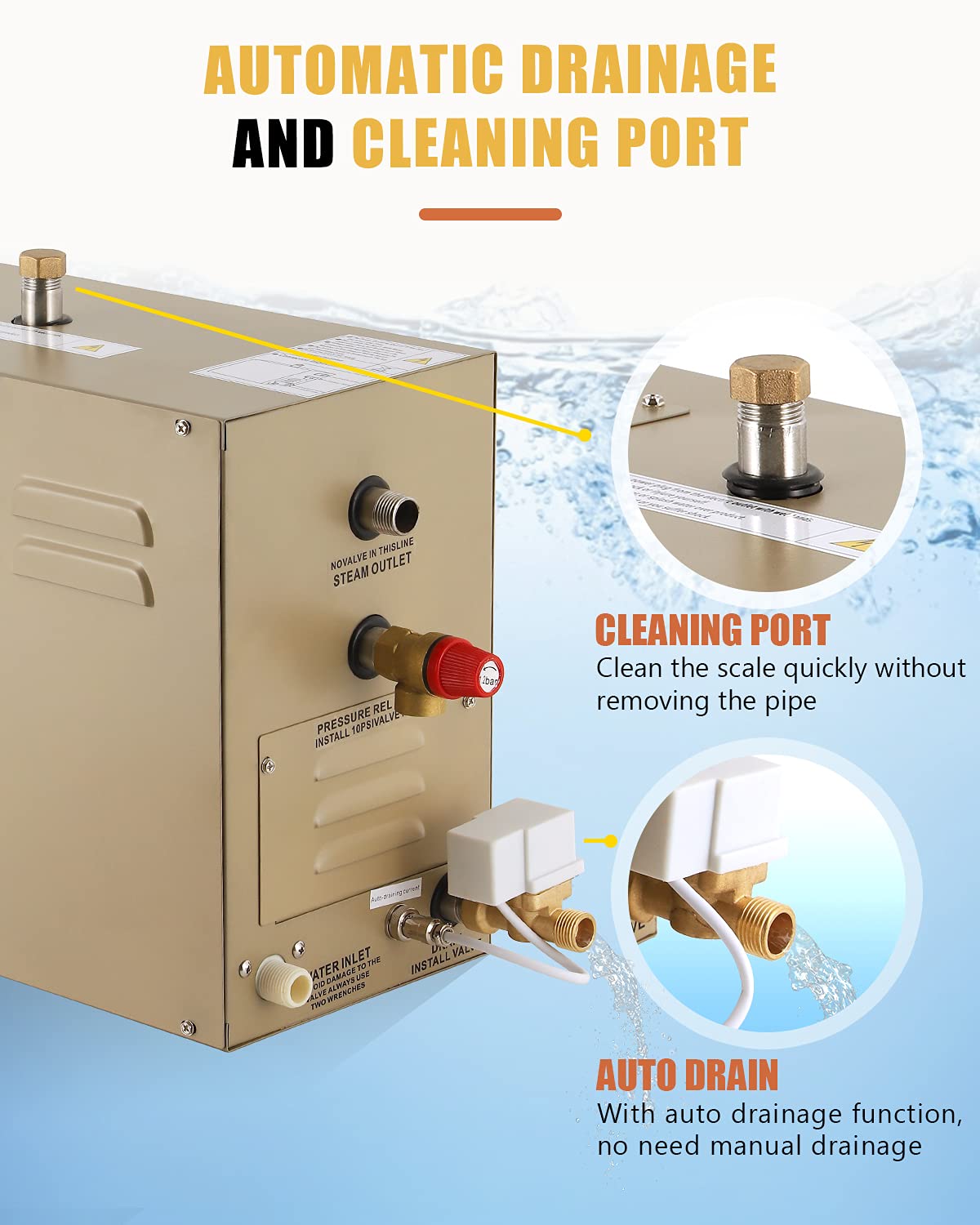 CGOLDENWALL 9KW Commercial Self-Draining Steam Generator Shower System Home Steam Bath Spa Generator 30 min to 12 Hours with Auto Drain 95-131℉ for Suitable Space Heating 9 m³/318 Cubic feet (9KW)