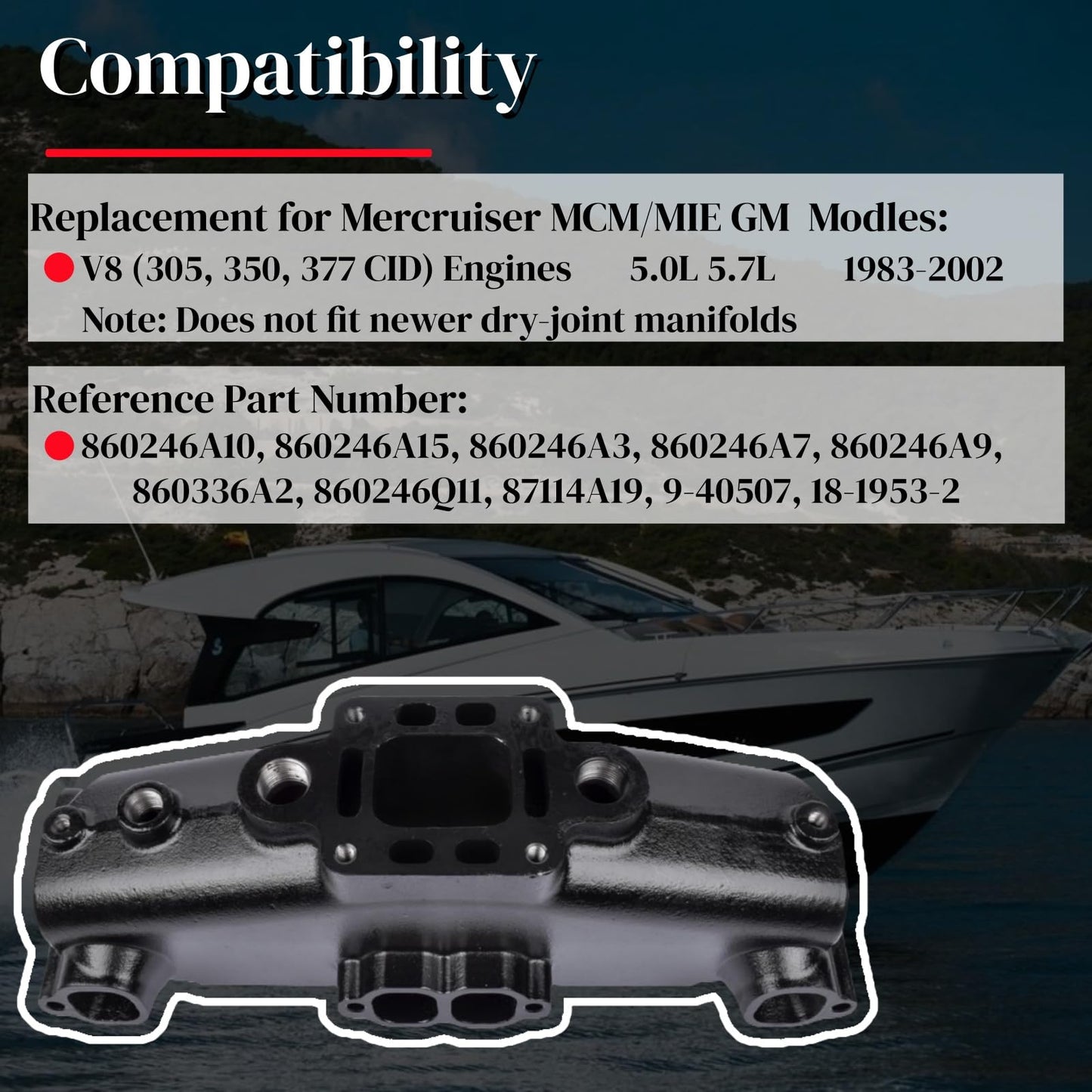 Exhaust Manifold 860246A10 Replacement for Mercruiser MCM/MIE GM V8 305 350 377 Engines 1983-2002 5.0L 5.7L, Port/Starboard Side #860246Q11,87114A19,9-40507 Mixizap
