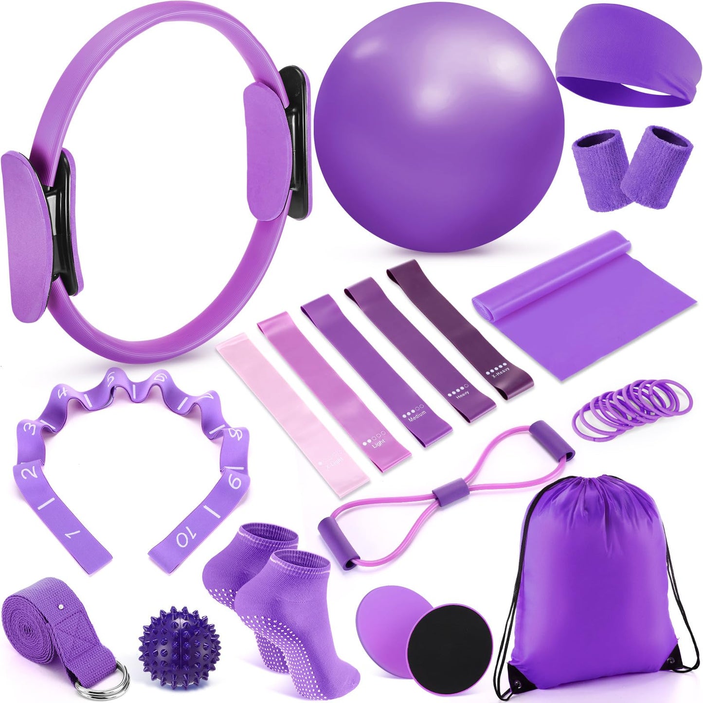 Poen 18 Pcs Home Pilates Ball and Ring Circle Set Yoga Fitness Essentials Kit with 5 Resistance Band Stretching Strap Non Slip Sock Ball Core Slider Wristband Headband Gym Bag for Women(Purple)