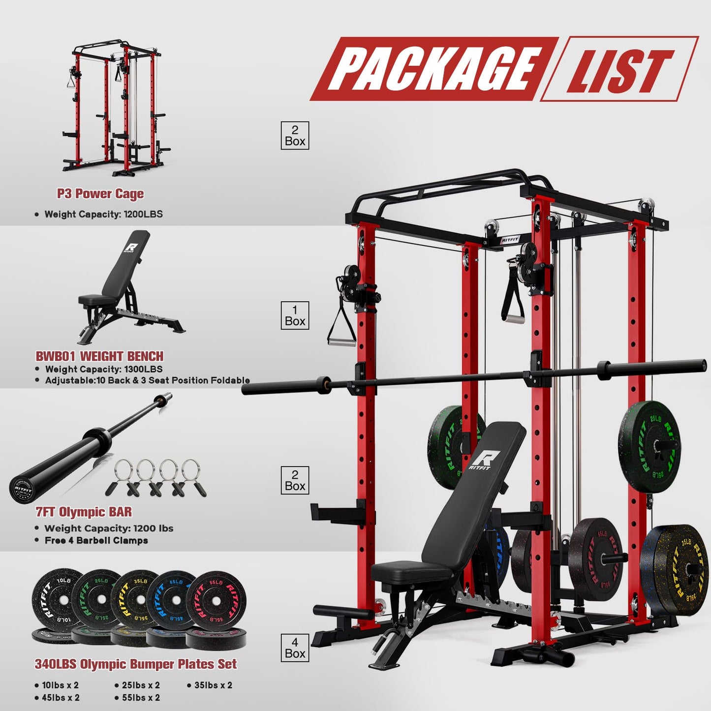 RitFit Squat Rack Power Cage Home Gym Package, Includes 1200LBS Power Rack with Cable Crossover System, Weight Bench, Weight Plate Set with Olympic Barbell (Package 2.0K (Bumper Plate 340LBS))-Orange