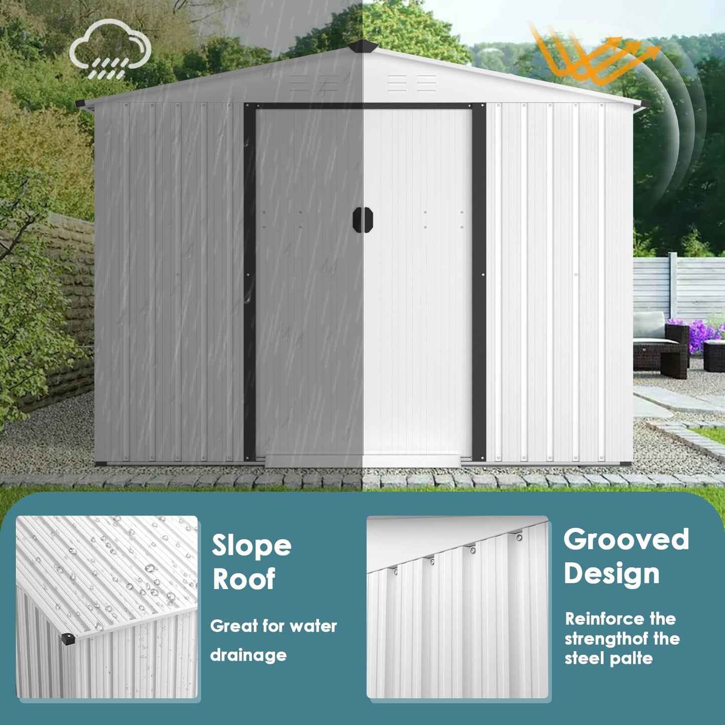 CrownLand Outdoor Vented Backyard Garden Storage Shed 6X8 Feet Tool House with Sliding Door Outdoor Lawn Steel Roof Sheds (White)