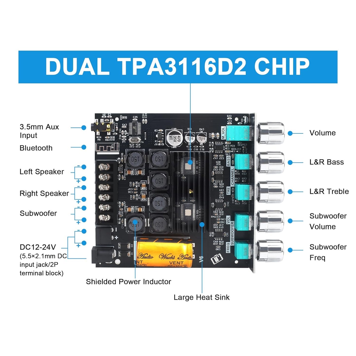 Wuzhi Audio ZK-TB21 50W+50W+100W 2.1CH 5.0 (ZK-TB21) Bluetooth Subwoofer Amplifier Board Bass/Treble Control, AUX/USB