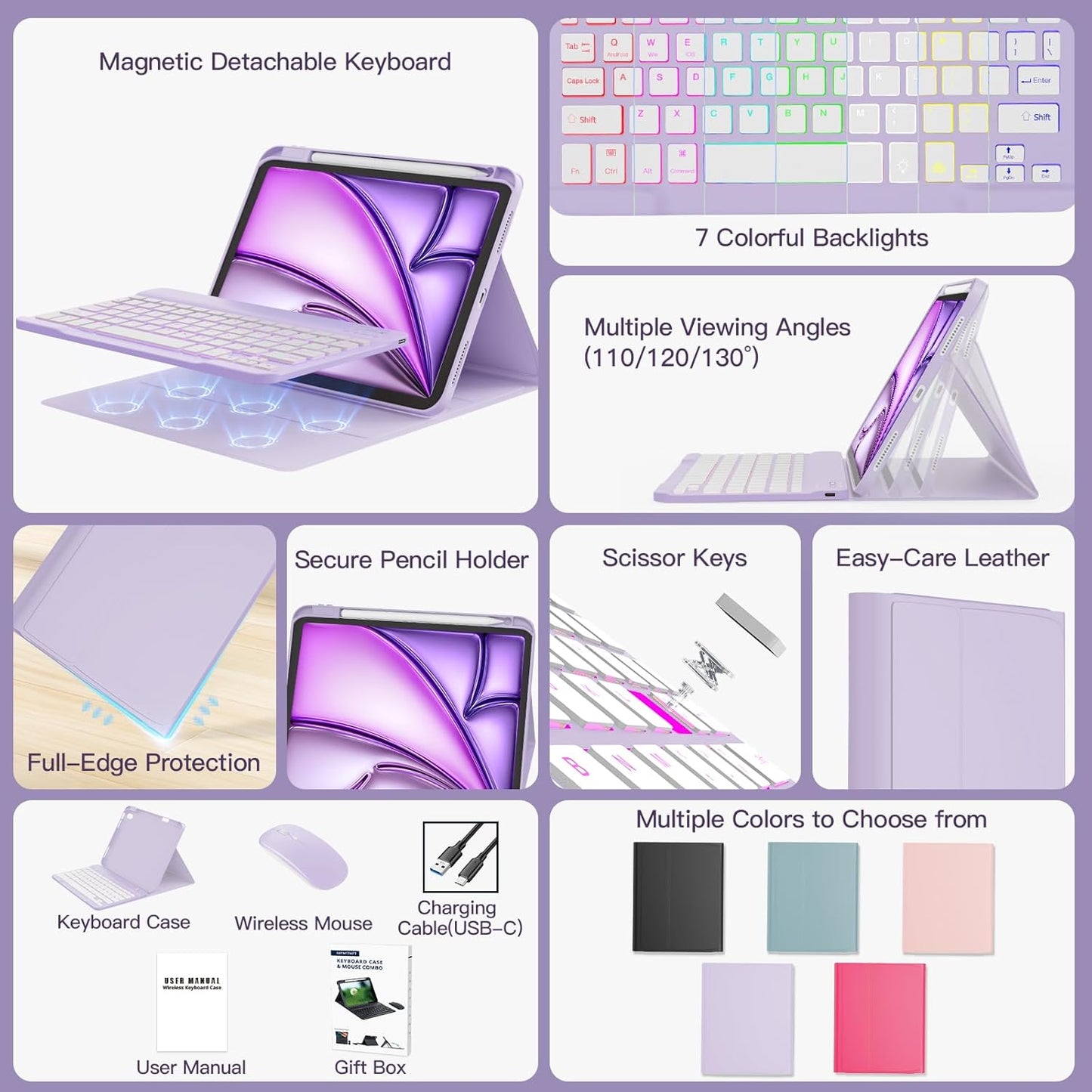 RAYMCRAFT 11-inch M4/M3/M2 (2026/2025/2024), 5th/4th 10.9-inch, 7-Color for iPad Air Case with Keyboard Mouse