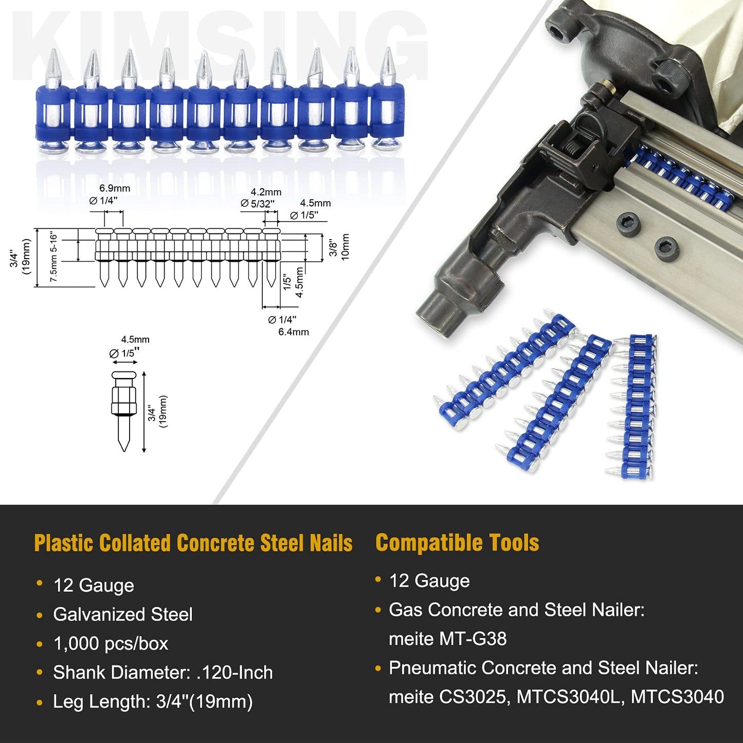 10 Boxes - KIMSING MTSD-19 12 Gauge 3/4 Inch X .109 Inch Smooth Shank Plastic Collated Concrete and Steel Drive Pin Mechanical Galvanized for Gas Power Concrete and Steel Nailer 1,000 PCS/Box