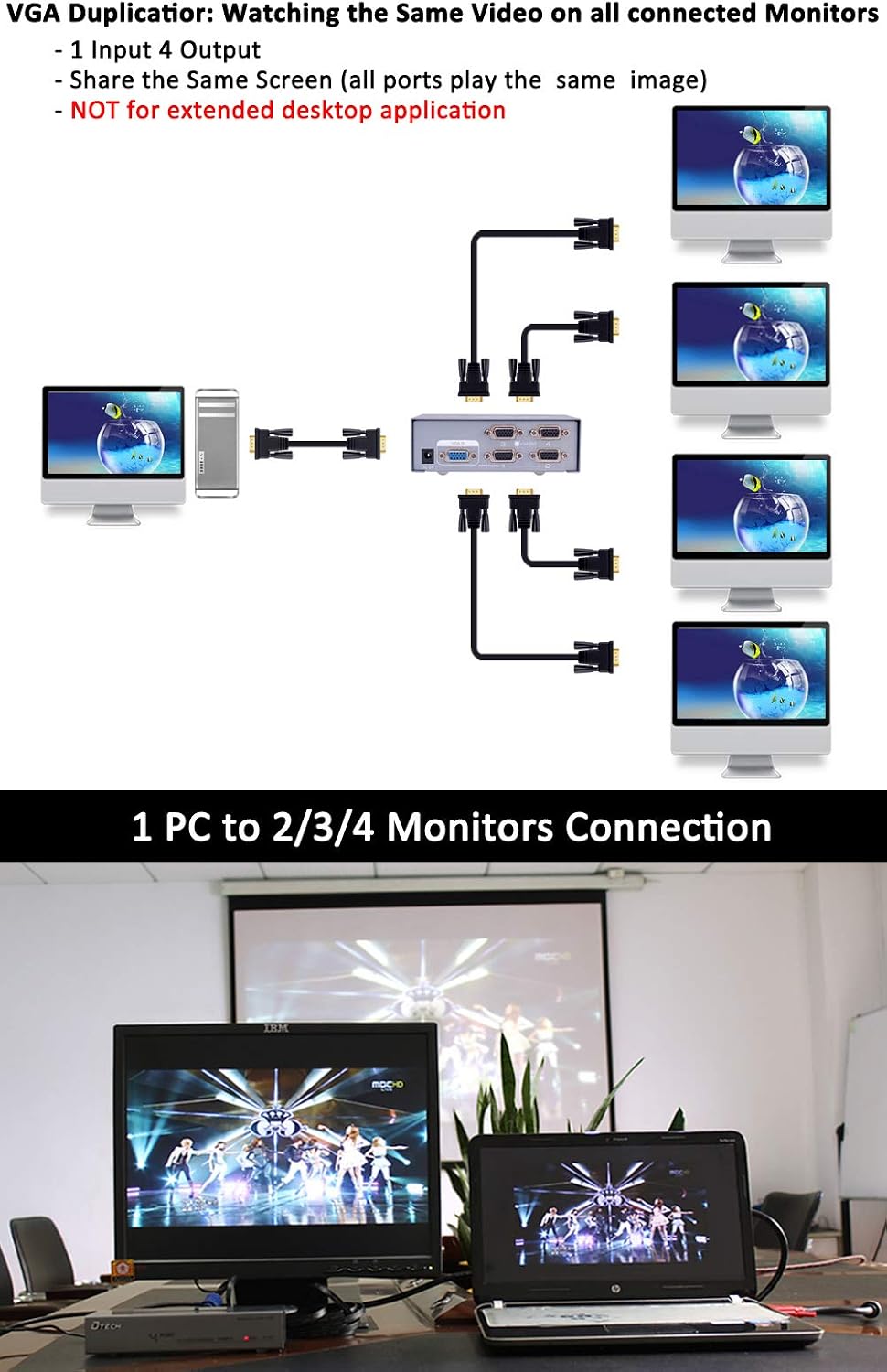 DTECH 4 1 Powered Port VGA Splitter Box Video Distribution Duplicator for PC to Multiple Monitors Projector