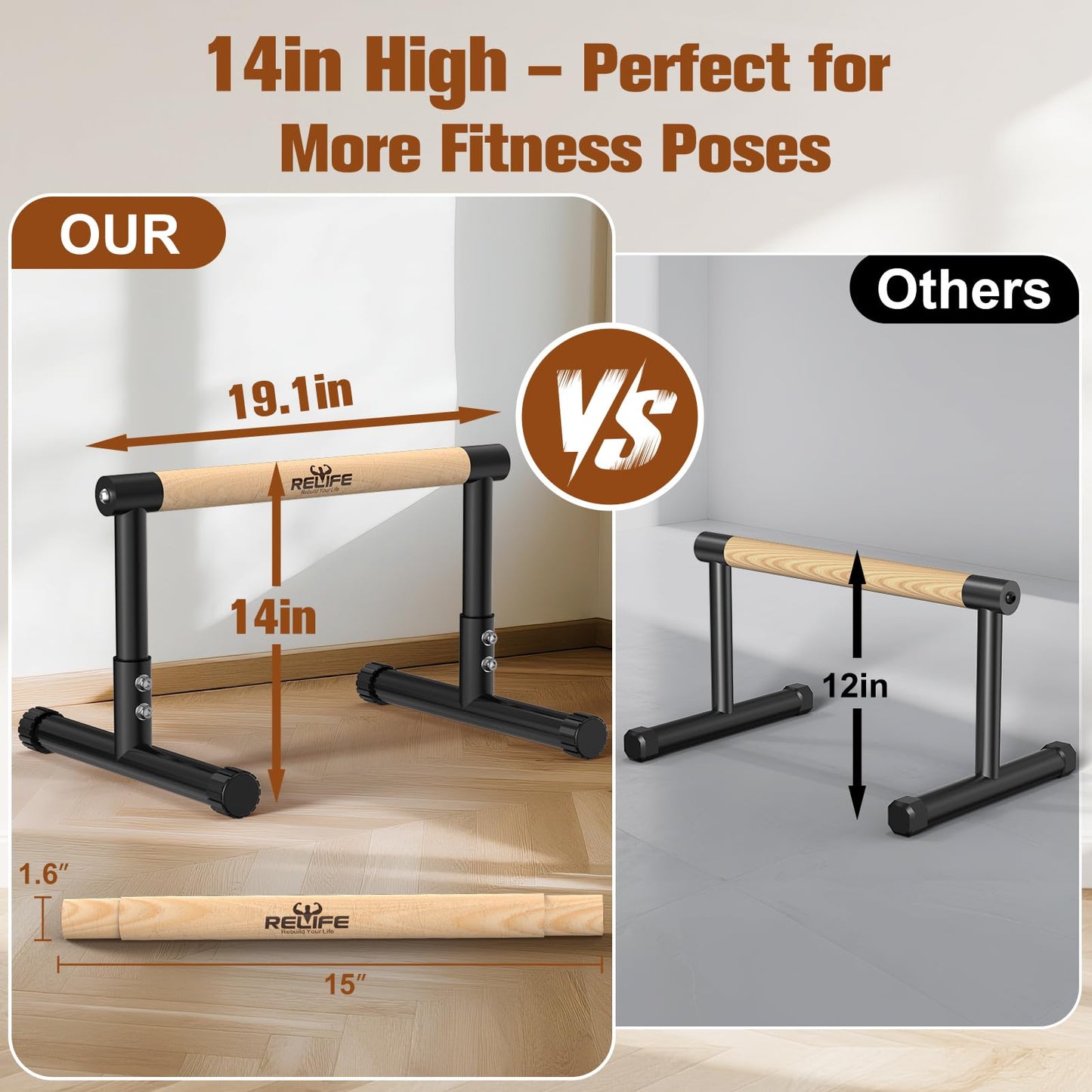 RELIFE REBUILD YOUR LIFE Push Up Bar,14in High Dip Station Functional Heavy Duty Dip Stands Fitness Workout Dip bar Station Stabilizer Parallette Push Up Stand (Black-04)