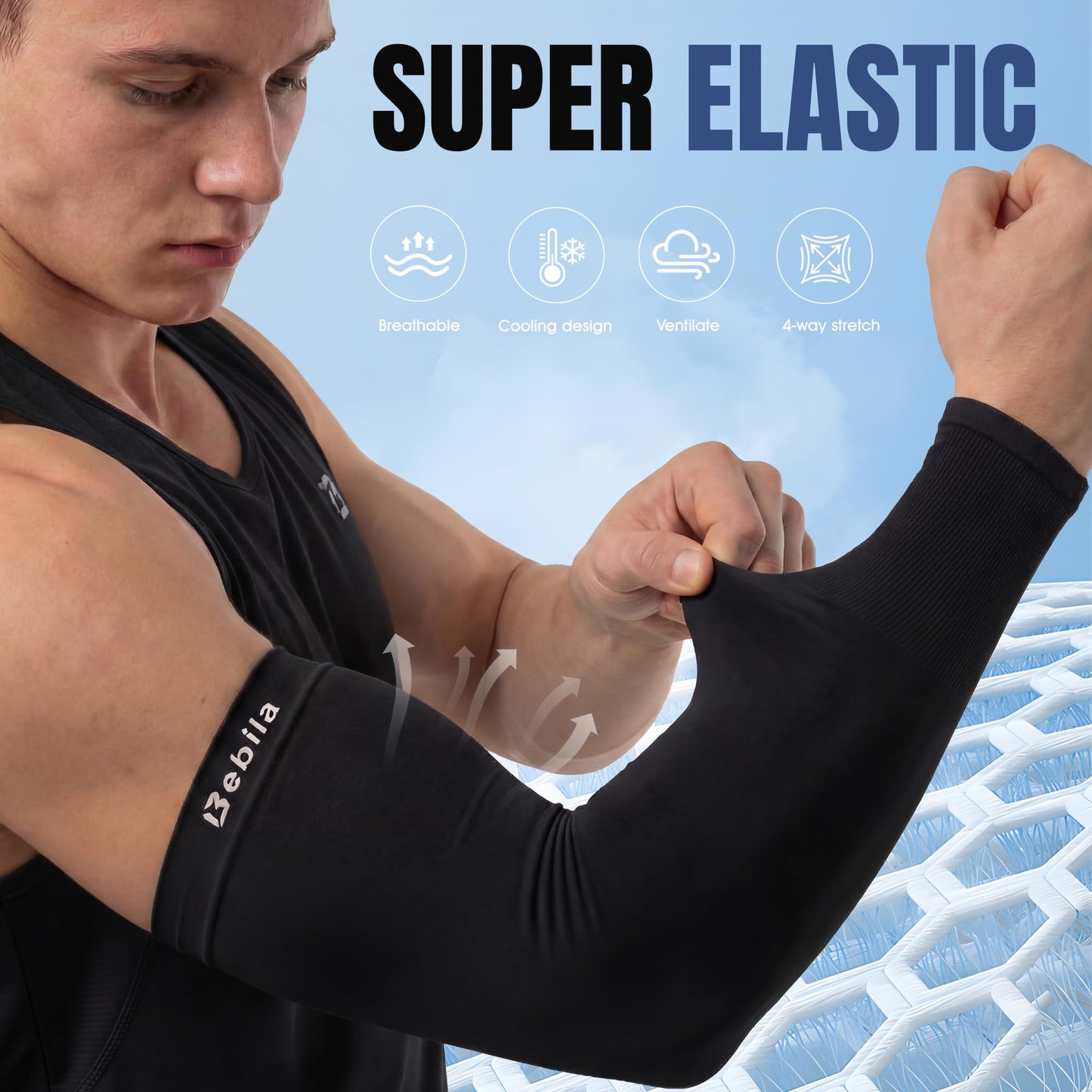 Bebila Arm Sleeves for Men Women, UV Sun Protection Sports Cooling Compression Sleeves for Basketball Golf Outdoor (Black, Medium)