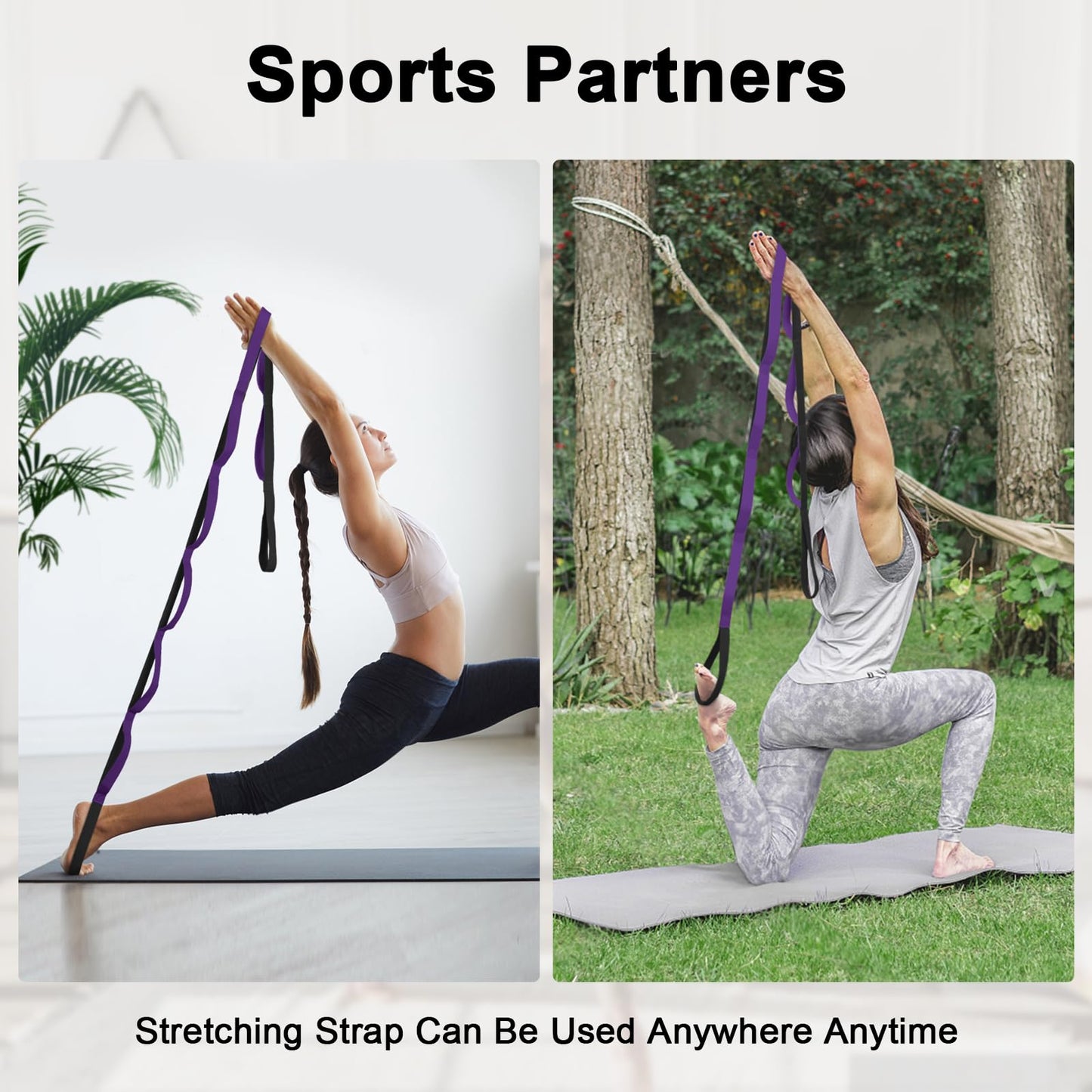 Amrules Yoga Strap for Stretching with 10 Loops Inelastic Soft Polyester Cotton Stretch Out Band for Exercise, Yoga, Pilates and Dance for Men and Women, Black
