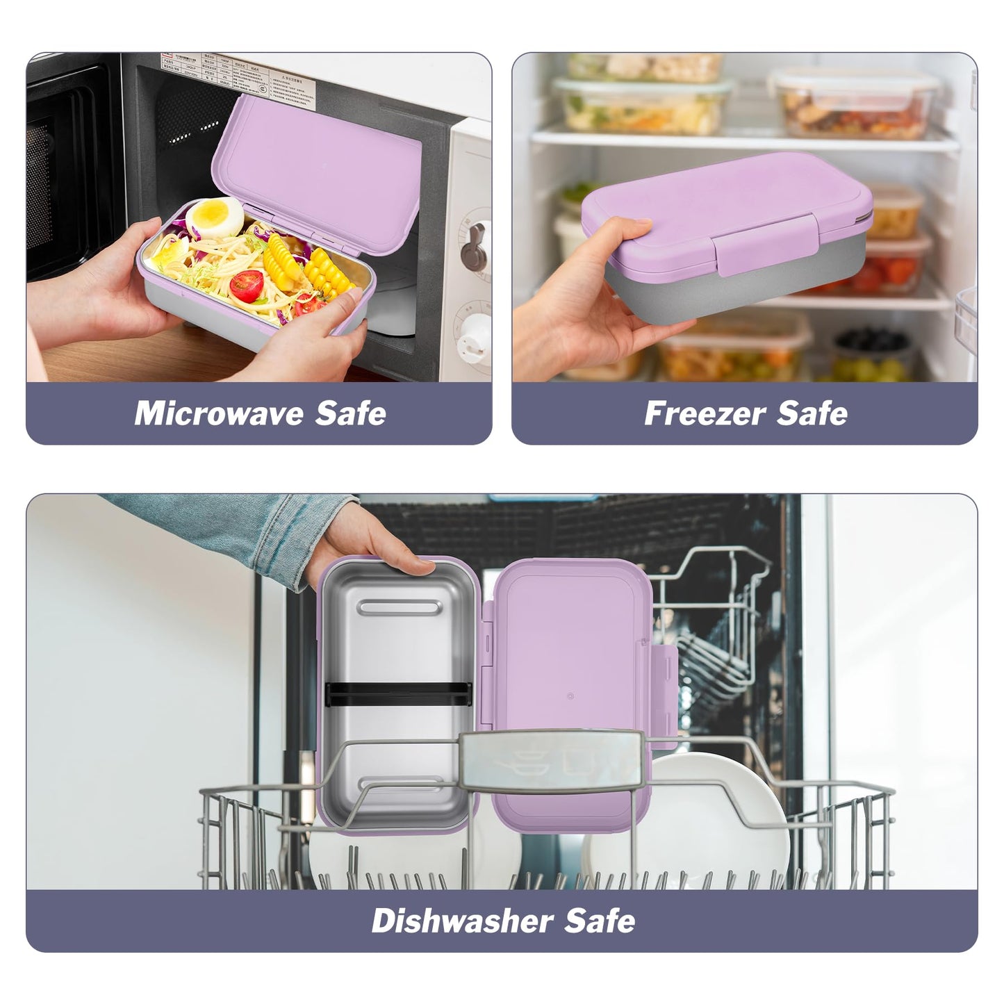 Reeple Stainless Steel Lunch Box, Leak-Proof Metal Bento Box with Adjustable Divider, Lunch Container for School Office Picnics & Travel, Microwave-Safe, Purple