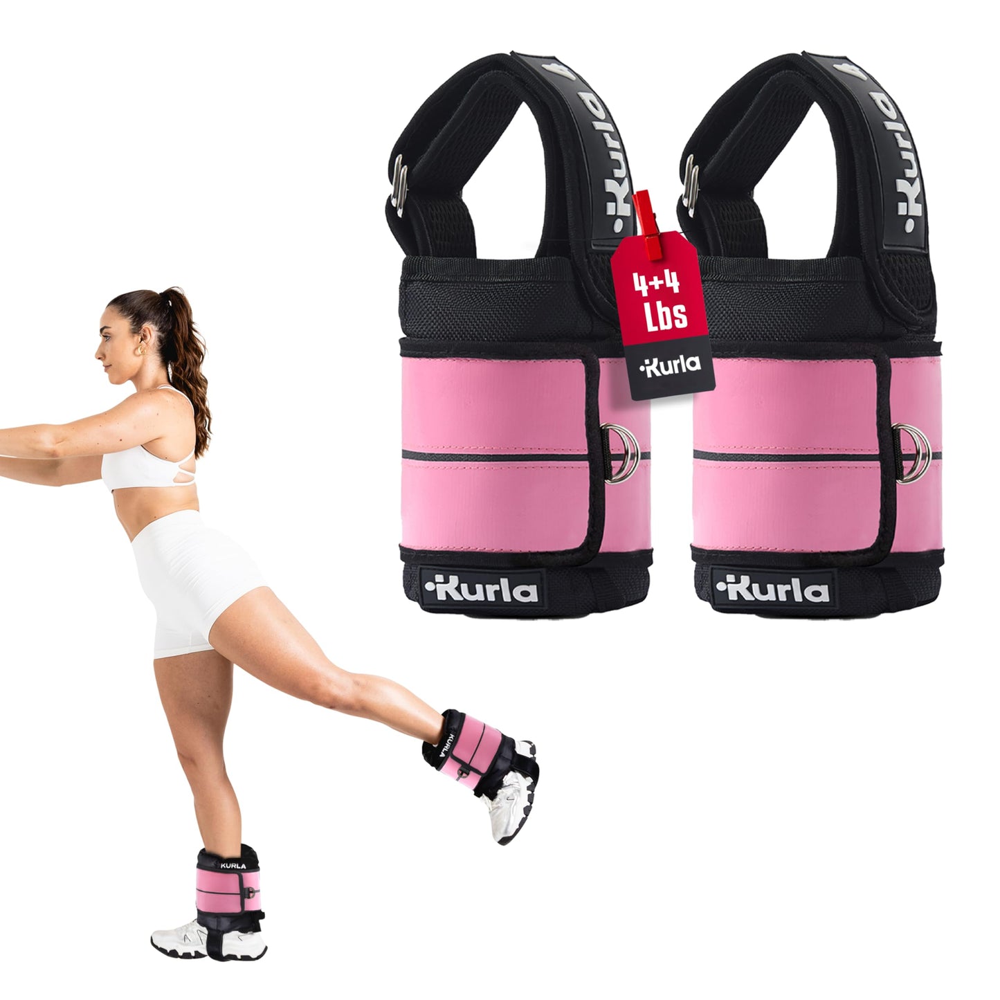 Kurla 04 lb Adjustable Ankle & Wrist Weight with Heel Strap | Patented Design | Breathable Fabric | Ideal for Strength Training, Pilates, Rehab & Home Workouts | Pink – Pack of 2