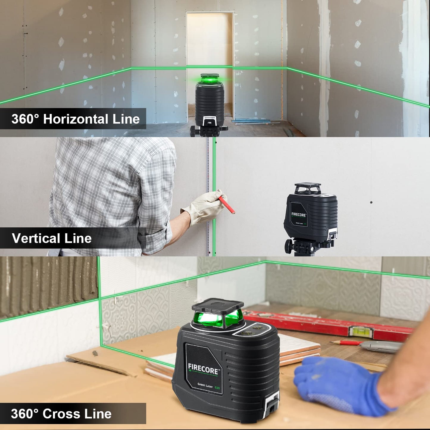 Laser Level with Tripod, Firecore 360° Self Leveling Laser Level with Pulse Mode, 3 Brightness Levels, Green Line Lazer Leveler Tool for Picture Hanging Wall Tile Floor DIY Construction Project