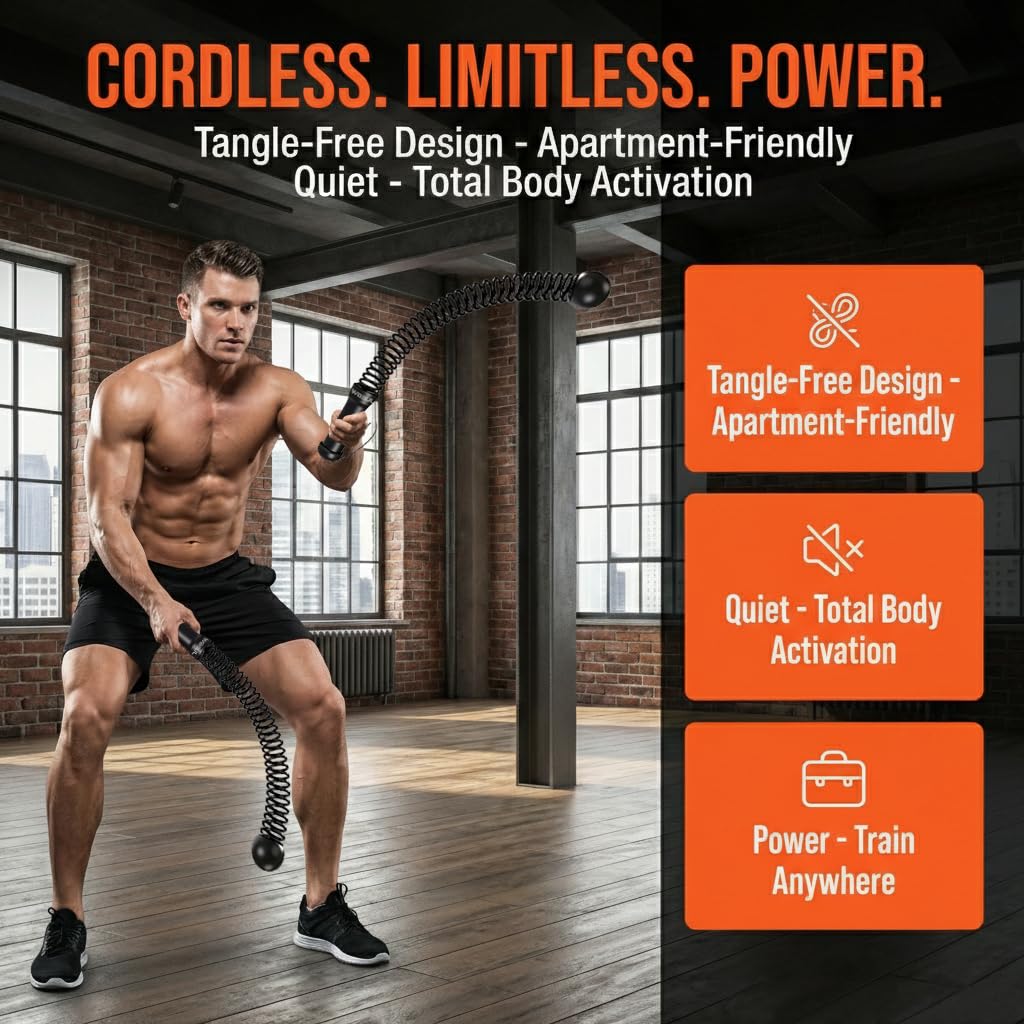 Cordless Battle Ropes for Home Workout – Ropeless HIIT & Strength Training Kit with Hand Gripper & Wrist Wraps – Portable Full Body Fitness Equipment for Small Spaces