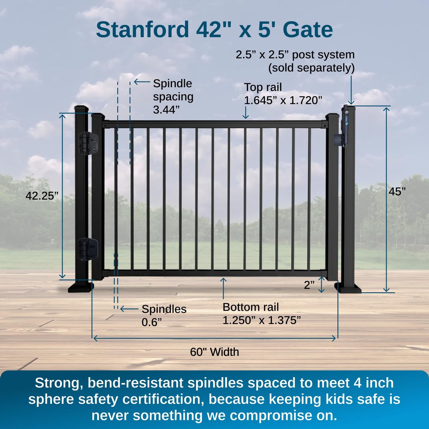 Weatherables 42 in. H x 5 ft. W Stanford Gate Kit – Aluminum Porch & Deck Railing Gate with Black Powder-Coated Finish, Adjustable Outdoor Entry Gate