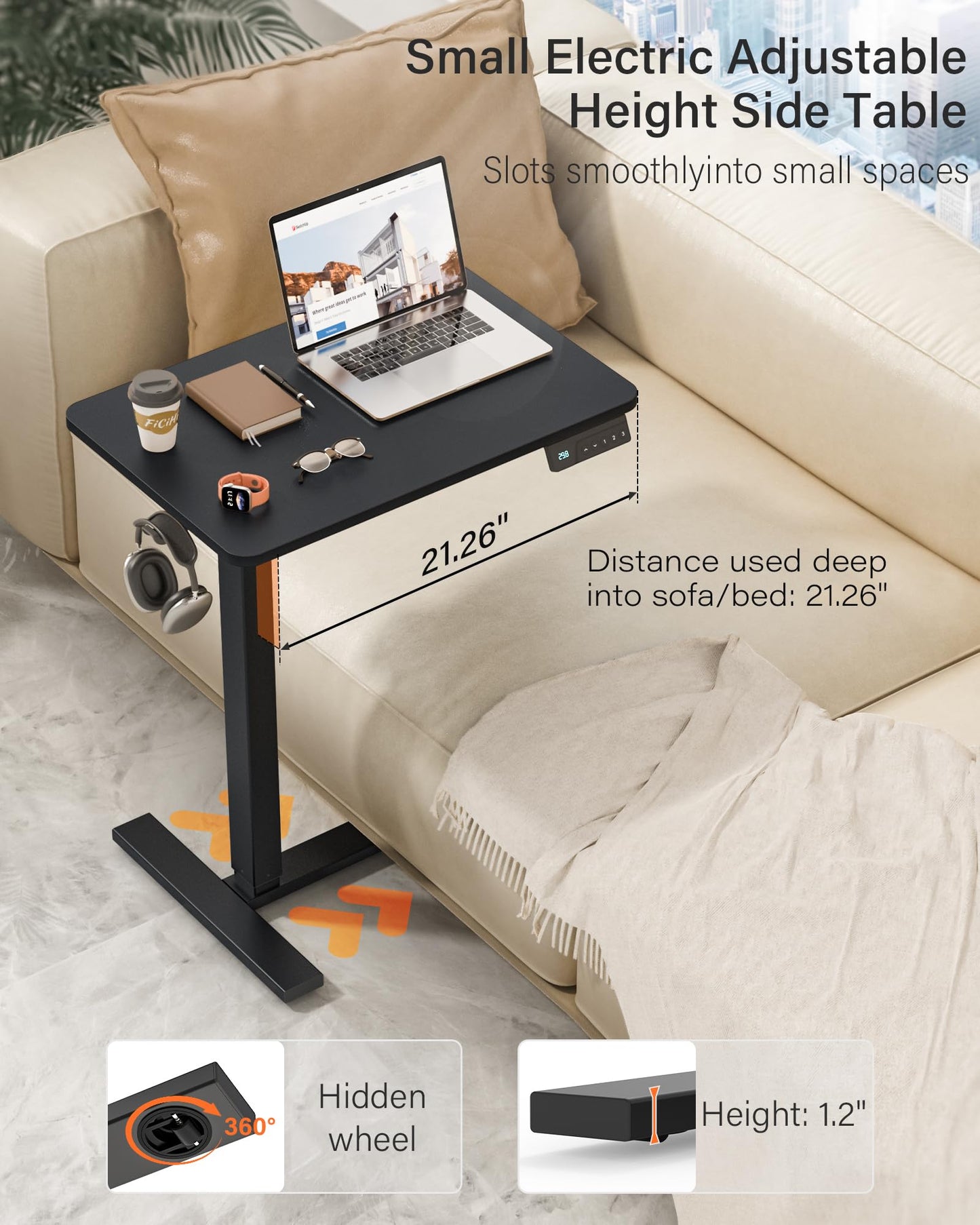 FiCiHi Electric Standing Desk with Wheels – Adjustable Height Mobile Sit-Stand Laptop Table, Portable Rolling Small Computer Workstation for Home Office & Bedside Use (28"x16", Black)