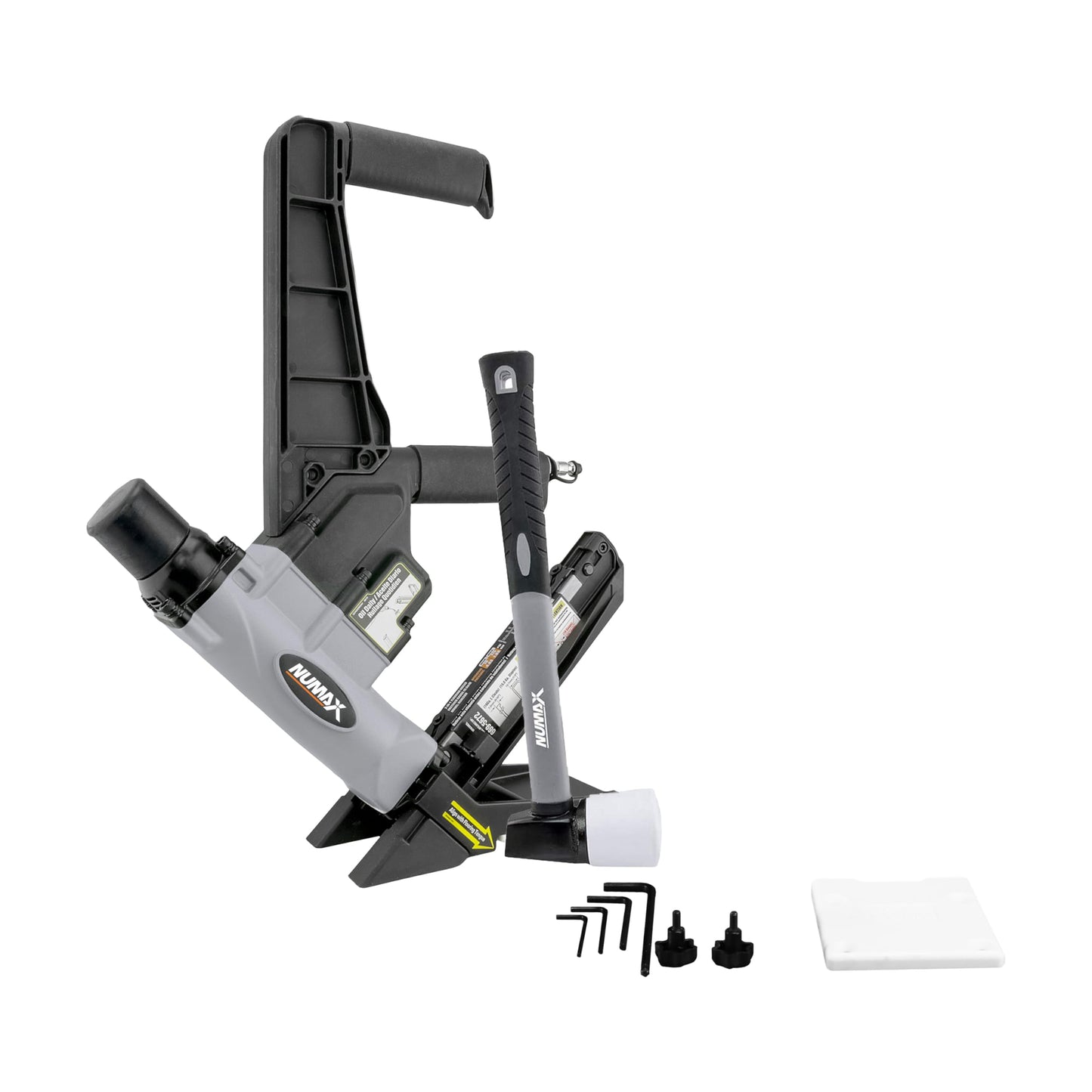 NuMax S50LSDH Pneumatic 2-in-1 15.5-Gauge and 16-Gauge 2" Dual Handle Flooring Nailer / Stapler with Flooring Mallet and Interchangeable Base Plates