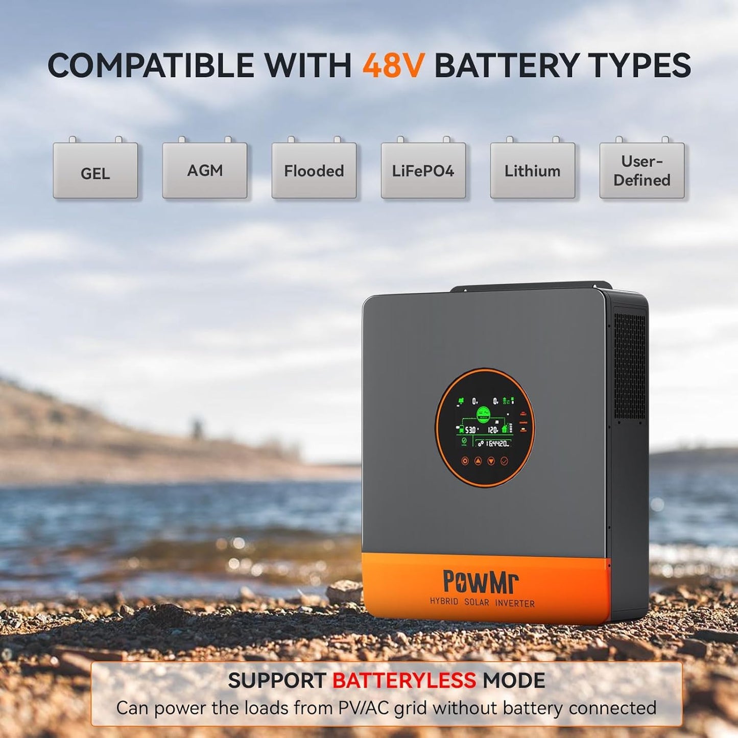 PowMr 5000W Hybrid Solar Inverter 48V DC to 110V/120VAC, 5200W Split Phase Inverter with 100A MPPT Controller, Max. PV Input 6KW 500VDC, For 48V Lead Acid, Li, Batteryless Run [Up to 6 Units Parallel]