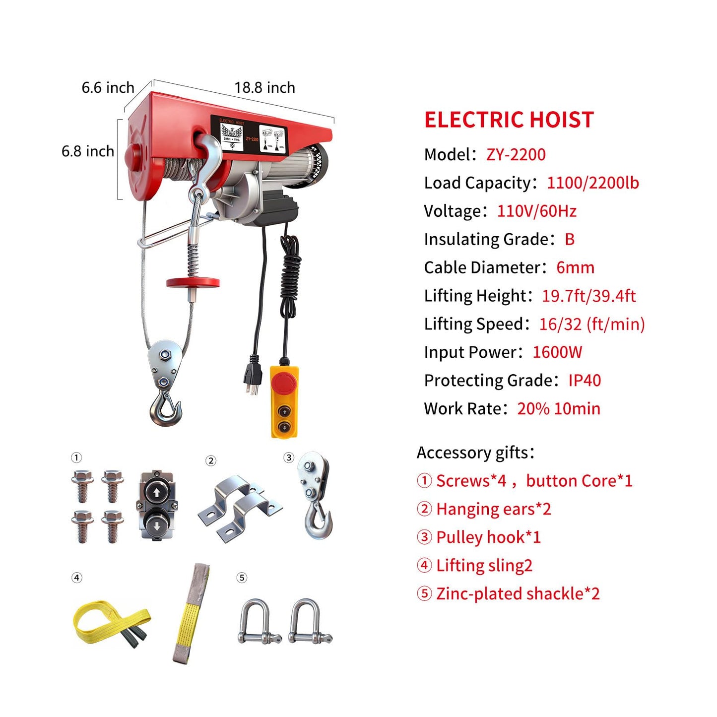 Electric Hoist, 2200 lbs 110V Electric Winch with 14 ft Wired Remote Control, 40 ft Single Cable Lifting Height, Single/Double Slings, Lift Hoist for Garage Warehouse Factory