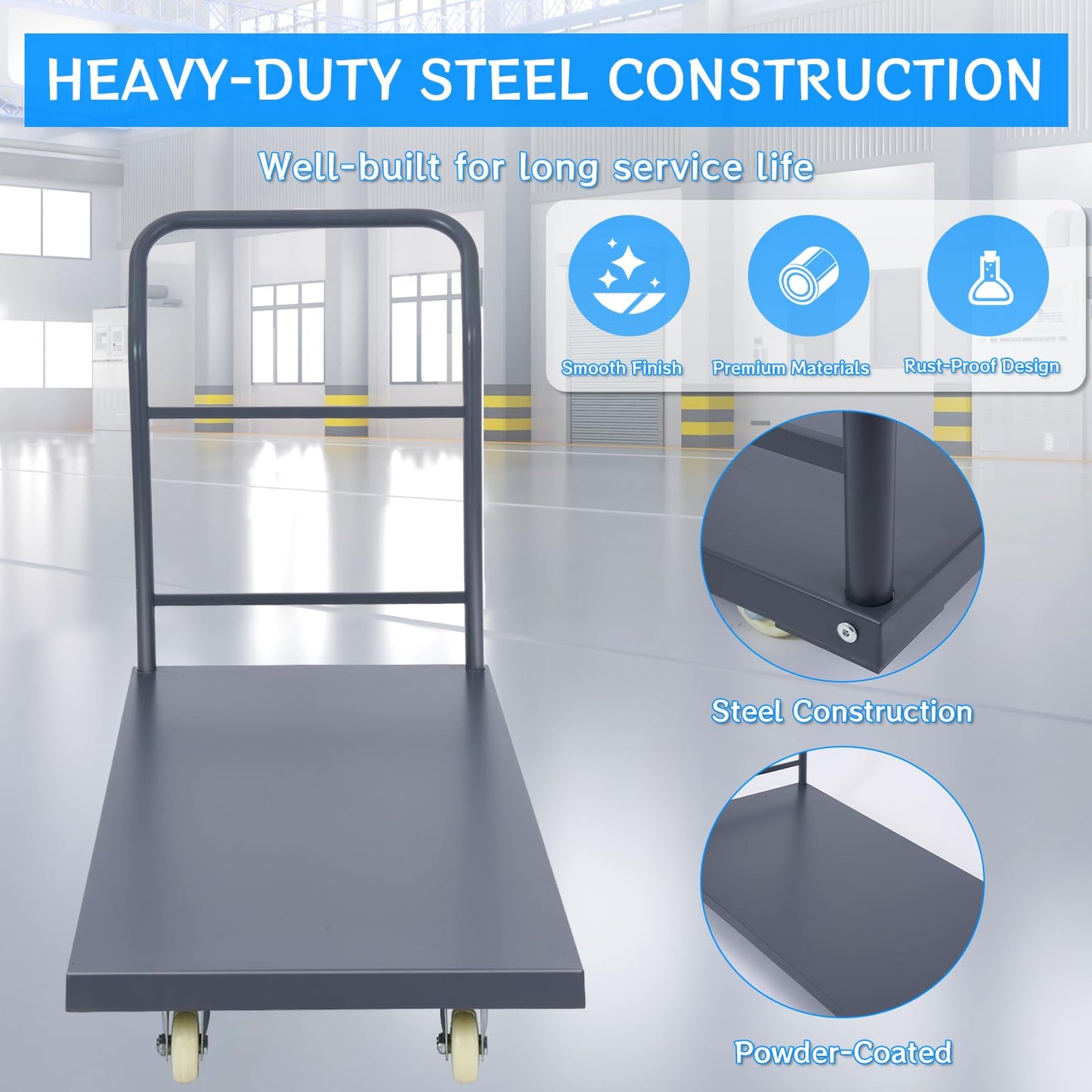 Heavy Duty Flatbed Cart 48"x24" Platform Truck with 4 Swivel Wheels, 2000 lbs Capacity Steel Hand Truck, Industrial Utility Push Cart for Warehouse Garage and Moving