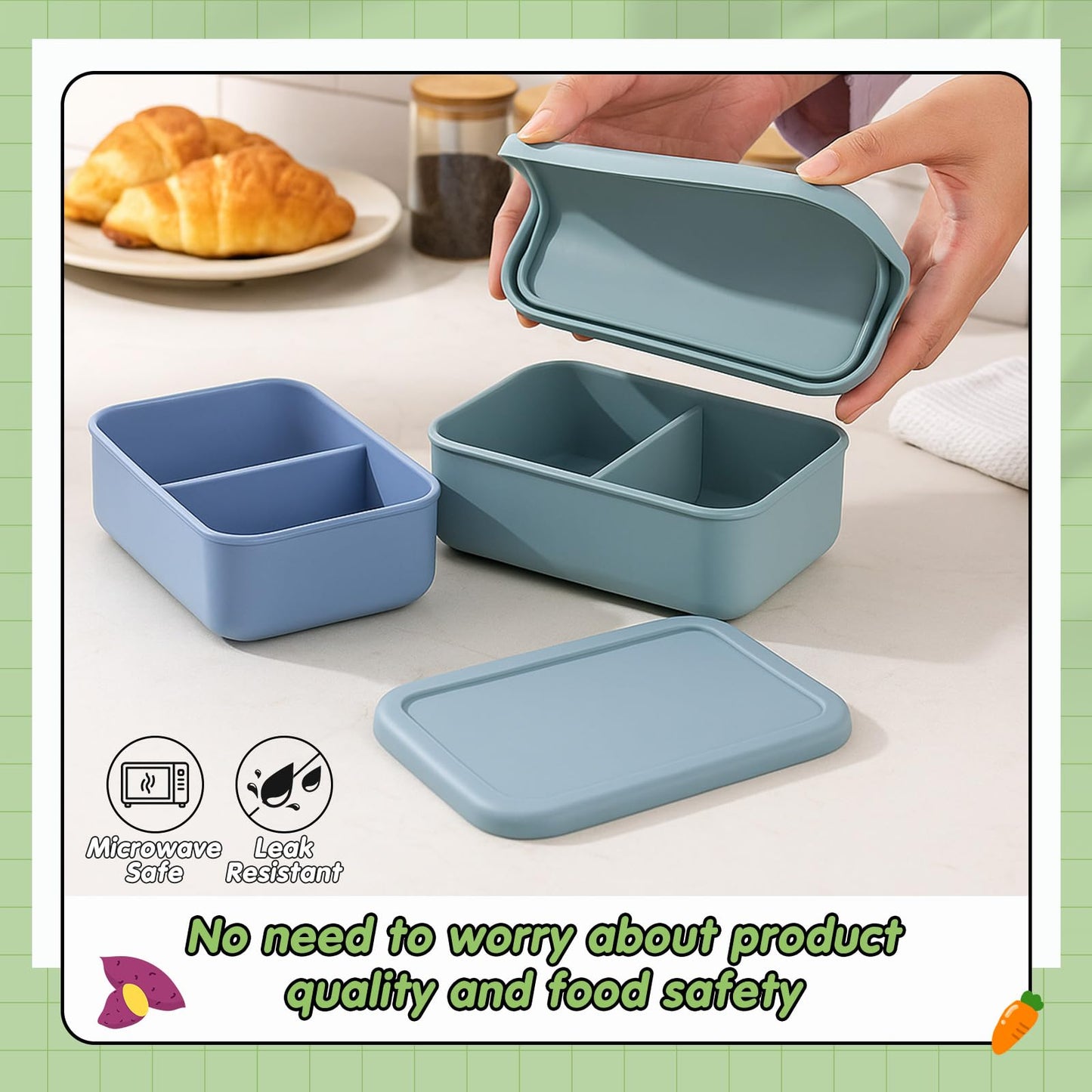 Layhit 2 Pcs Silicone Bento Box for Adults, 27 oz Bento Lunch Container Reusable 2 Compartment Lunchable Food Container for Women Men, Leak Proof Microwave Dishwasher Freezer Safe (Gray Blue,Green)