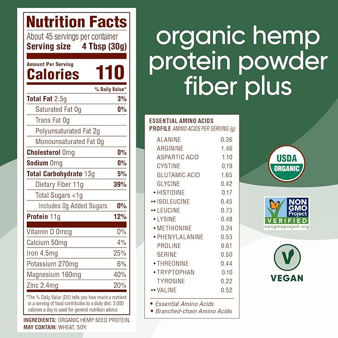Nutiva USDA Organic Cold-Pressed Hemp Seed Plant Protein Power, 3 Pound, Fiber Plus with Essential Amino Acids, Non-GMO, Whole 30 Approved, Vegan & Keto