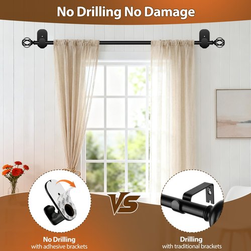 Curtain Rods No Drilling 48 to 84 Inch, 5/8 Inch Diameter No Drill Drapery Rod Set with Adhesive Brackets and Twiested Cage Finals, Bedroom Apartment Renter Friendly, Black