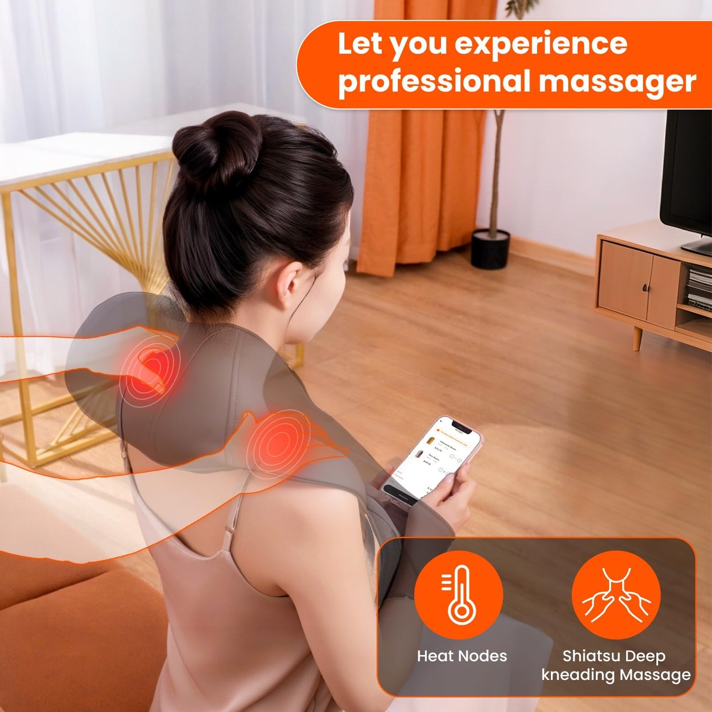 AMZPONY® Cordless Neck Massager for Pain Relief Deep Tissue, Rechargeable Shiatsu Neck and Back Massager with Heat Kneading Shoulder Massage for Body Muscle Pain Relief,Gifts for Mom Dad Friends