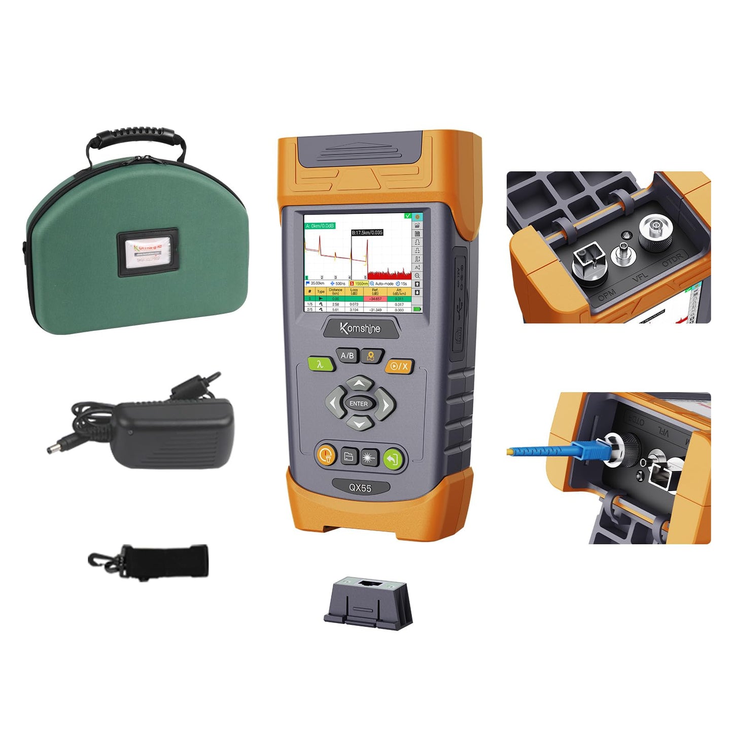 Live PON OTDR 1625nm Komshine QX55 1310/1550/1625nm 32dB Pass 1:16 Fiber Splitter for CAT5 CAT6 w/Visual Fault Locator VFL 1mW + SM Optical Light Source + Fiber Microscope Inspection Probe 400 Times