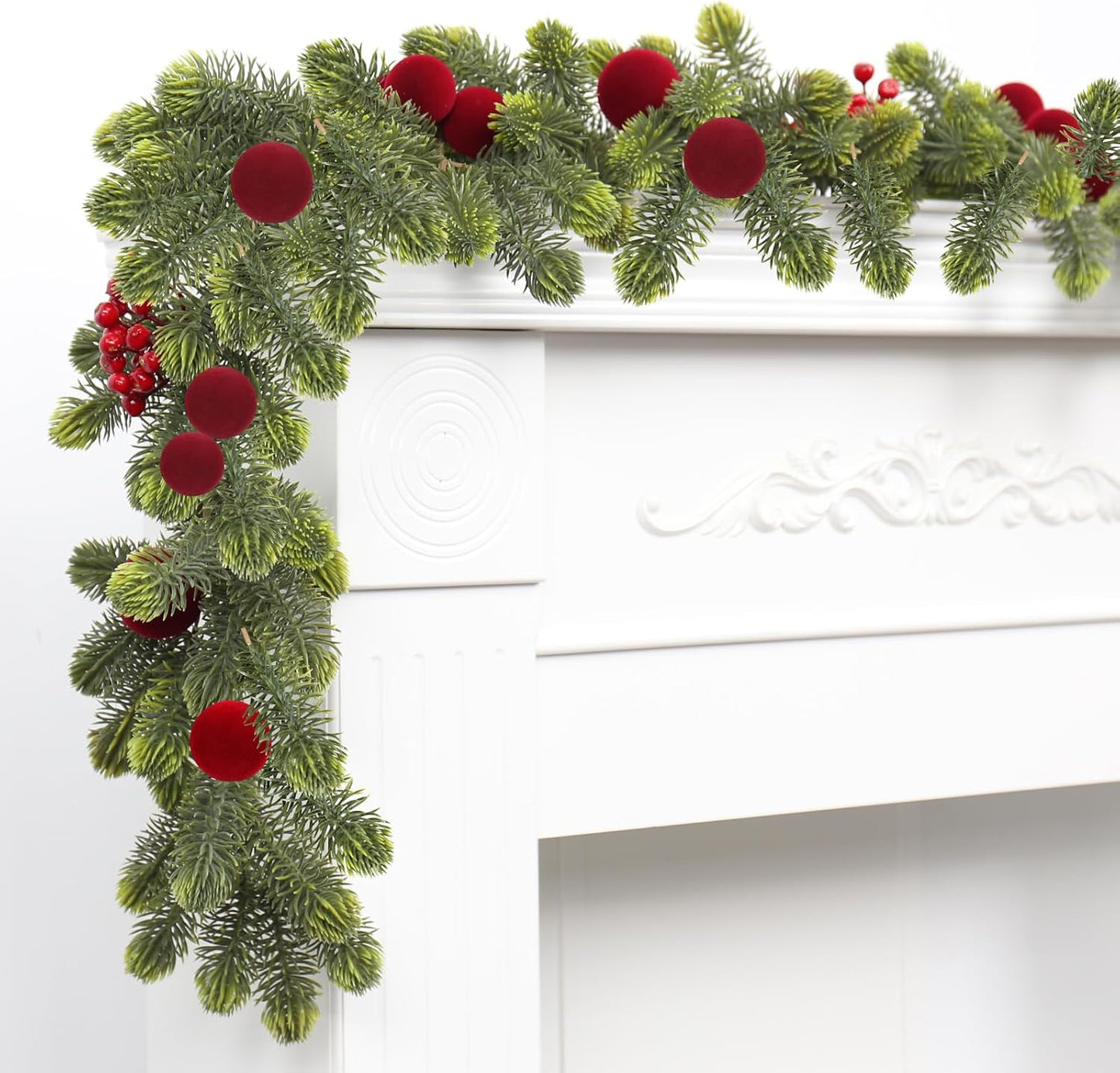 SY Super Bang 6FT Christmas Garland - Artificial Green Decor with Velvet Balls & Red Berries for Holiday Cheer