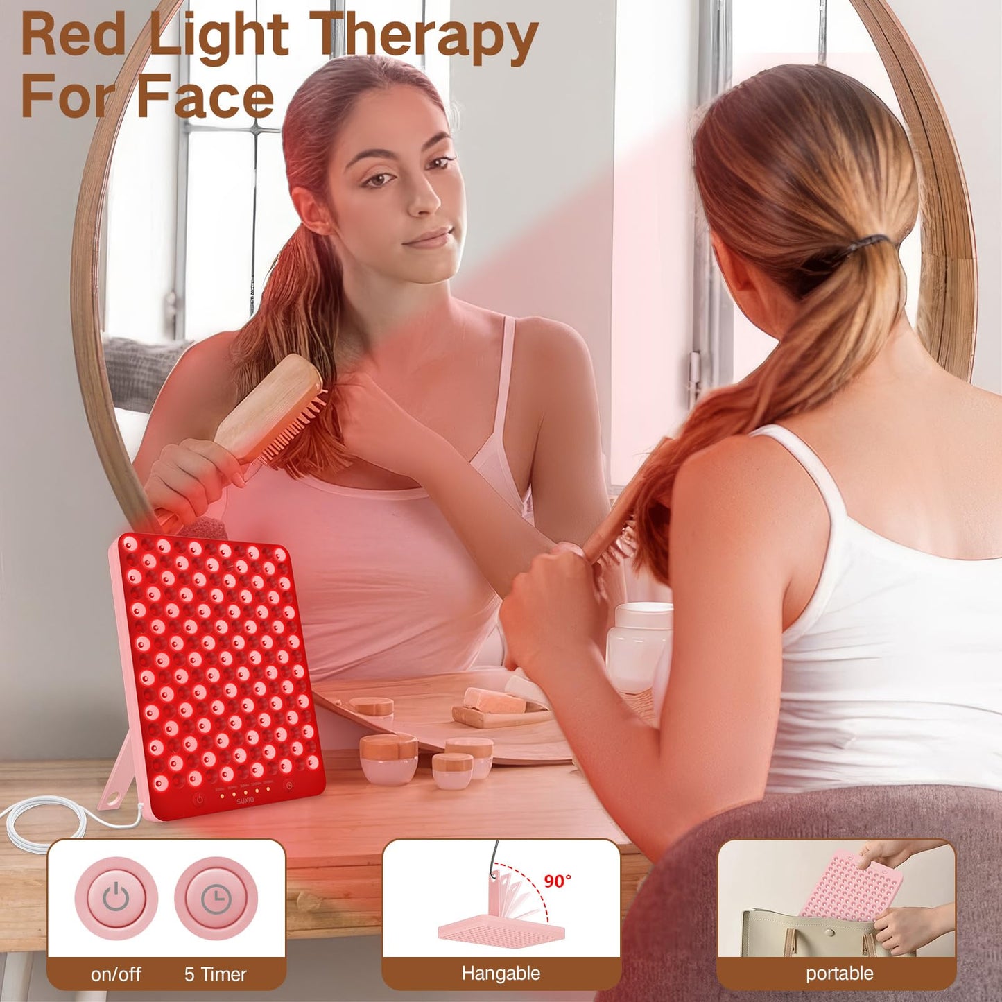 SUXIO Red Light Therapy Lamp - 165 LED Red Light Therapy Panel for Face & Body, Portable Deep 660nm - 850nm Near Infrared Light Therapy Device with Eye-Patch, Pink