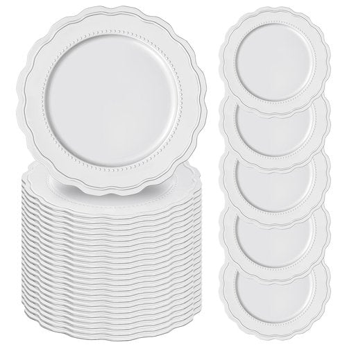 50 Pack Silver Charger Plates, 13 Inch Silver Chargers Plastic Round Dinner Charger Plates Bulk Decorative Beaded Flower Plate Chargers for Wedding Party Event Bridal Shower Elegant Tabletop Decor
