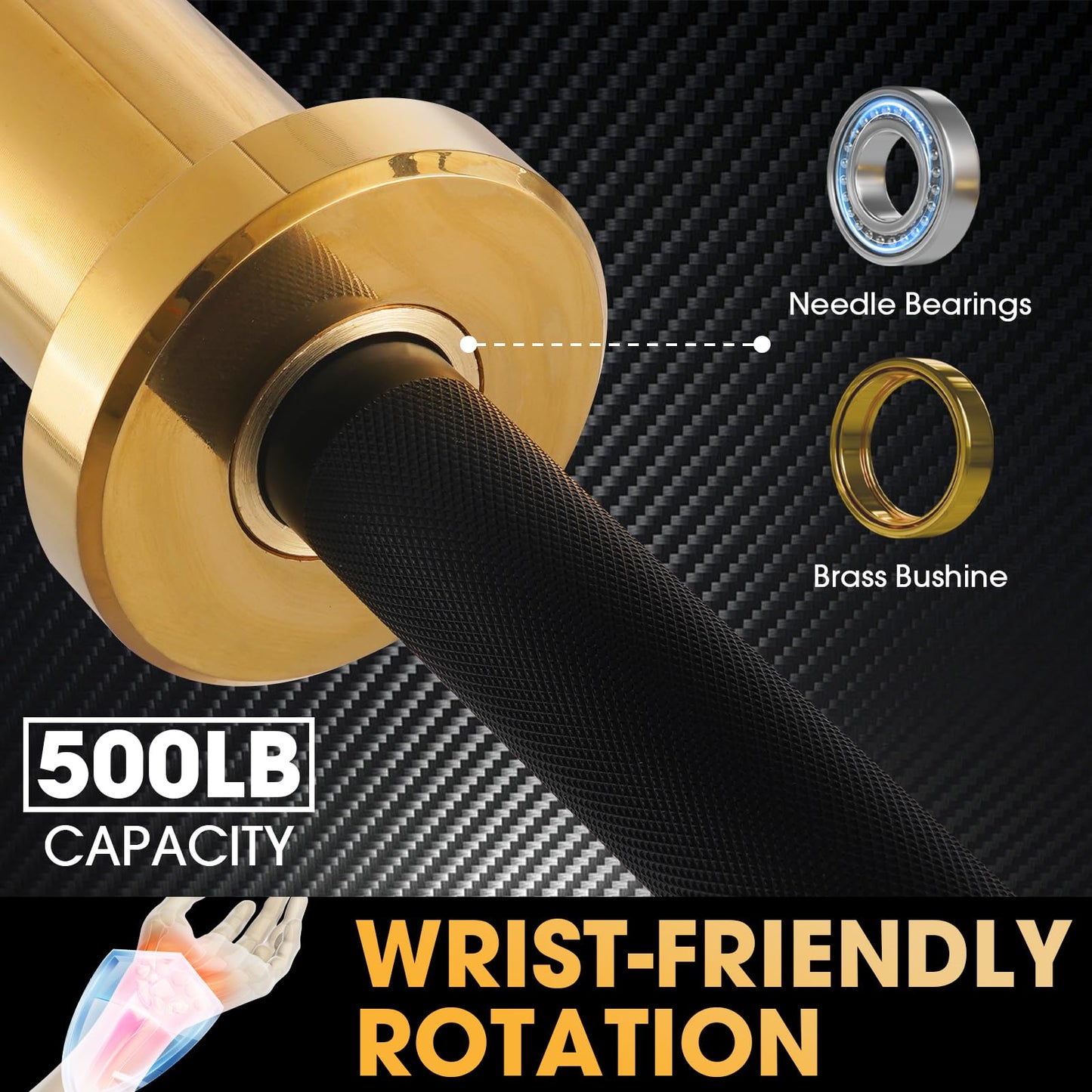 Mikolo 7ft Olympic Barbell, Barbell for Weightlifting and Powerlifting 45lb, Olympic Bar for 1500lbs Capacity, Weight Bar Fit 2” Standard Weights (6ft,Gold)