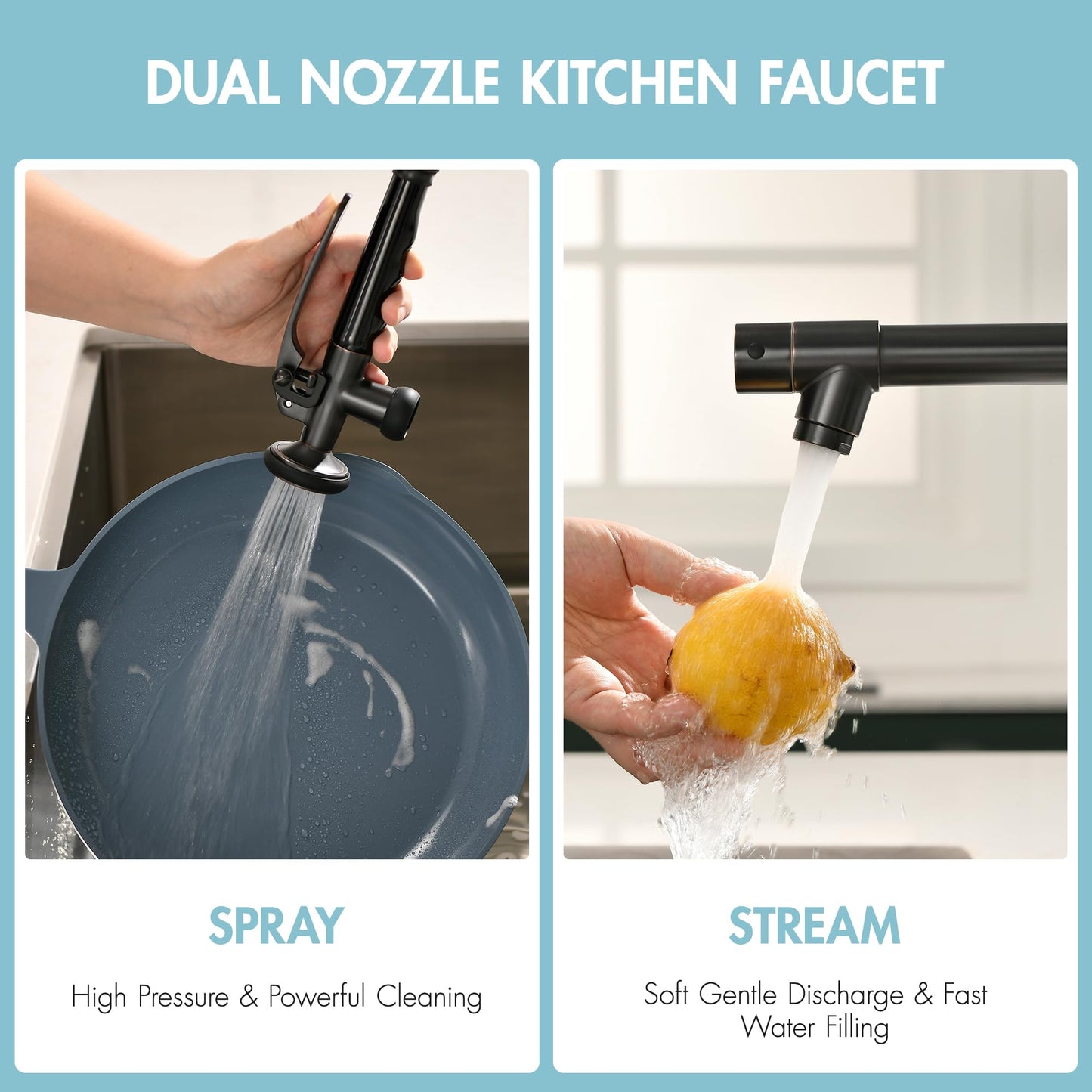 GIMILI ORB Commercial Kitchen Faucet with Pull Down Sprayer, Double Headed Single Handle High Pressure Kitchen Faucet with Soap Dispenser