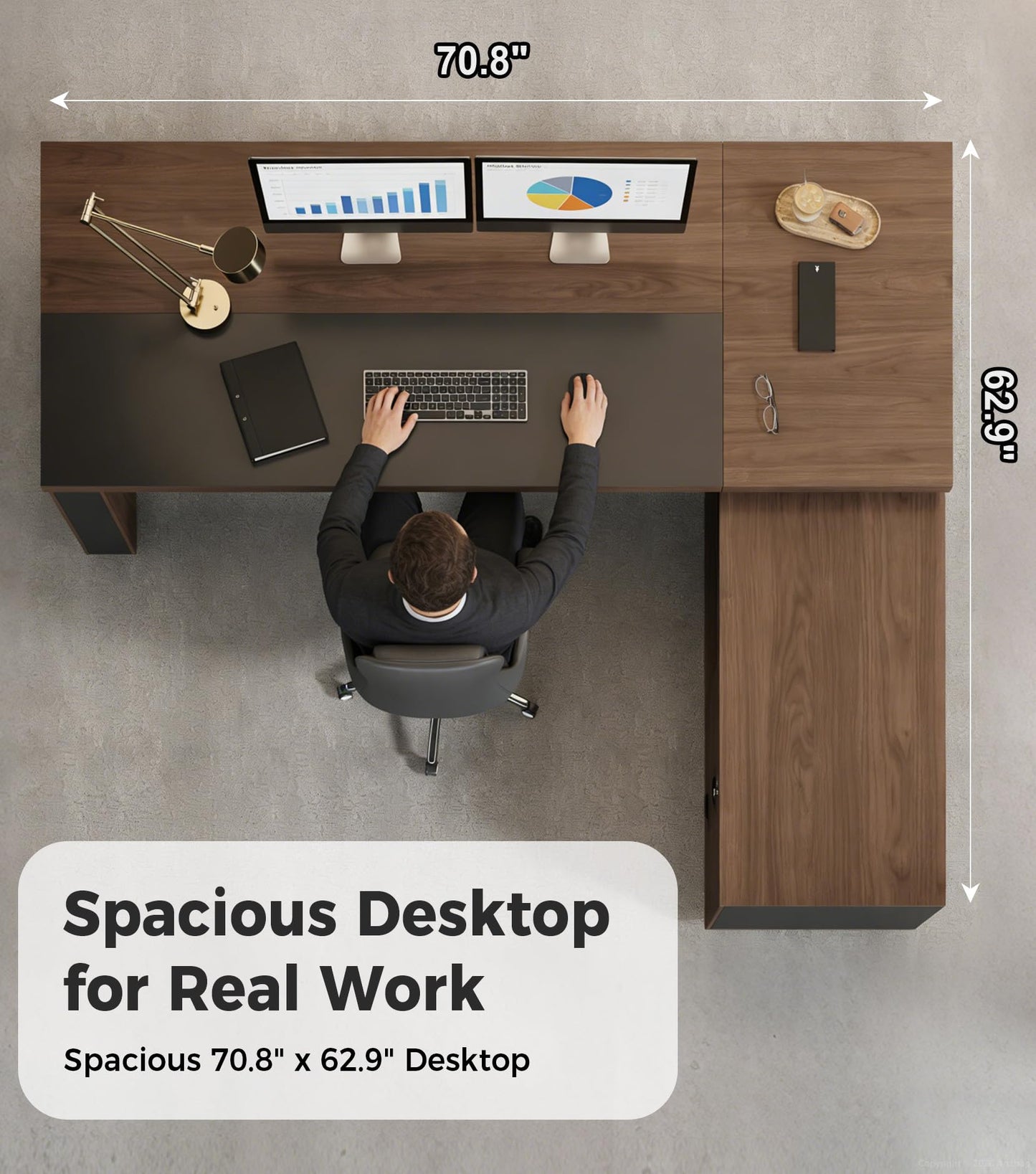 71" Reversible L-Shaped Executive Desk with Drawers – Large Office Computer Desk with Open Shelves, LED Lighting, Built-in Outlet & USB Ports for Home Office, Corporate, School (71"W x 63"D x 30"H)