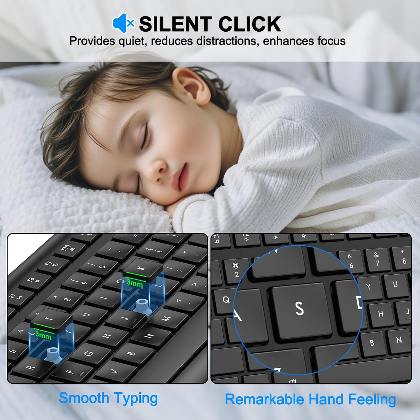 EDJO 2.4G Wireless Keyboard, Full-Sized Cordless USB Silent Computer Keyboard, Ergonomic Tilt Angle, Sleep Mode, Long