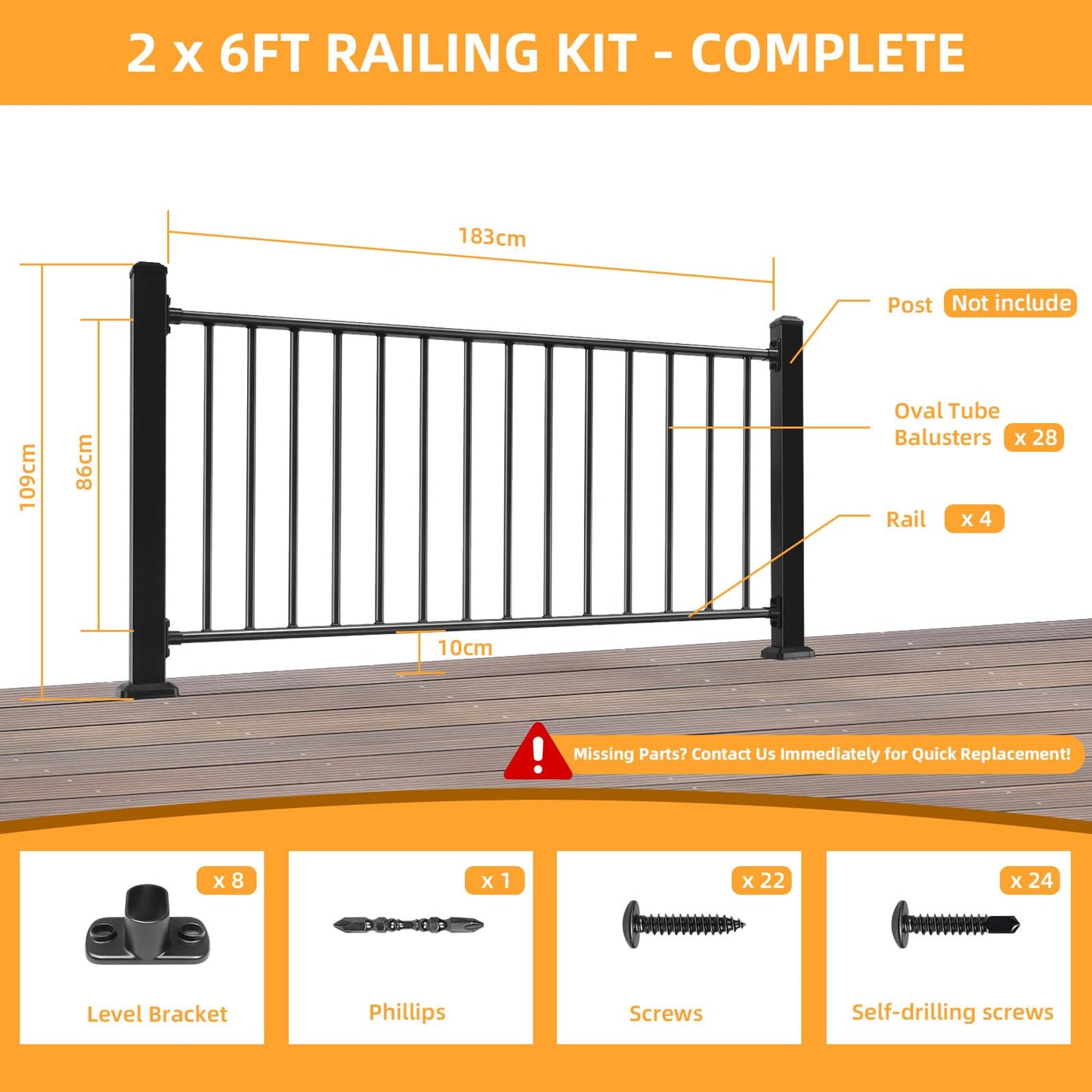SunCrafts Heavy Duty Steel Deck Railing System, 2-Pack 38 in. H x 6 ft. W Galvanized Guardrail Deck Railing Kit with Black Powder-Coated Finish for Outdoor Decks, Porches & Balconies