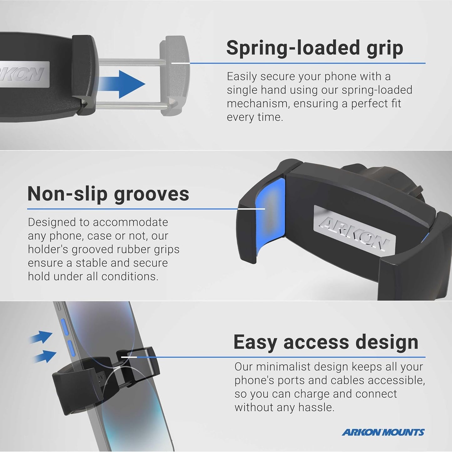 ARKON 5 Mounts Mobile Grip Phone Holder with Clamp Mount | Secure Spring-Loaded Holder | Clamp Phone Mount