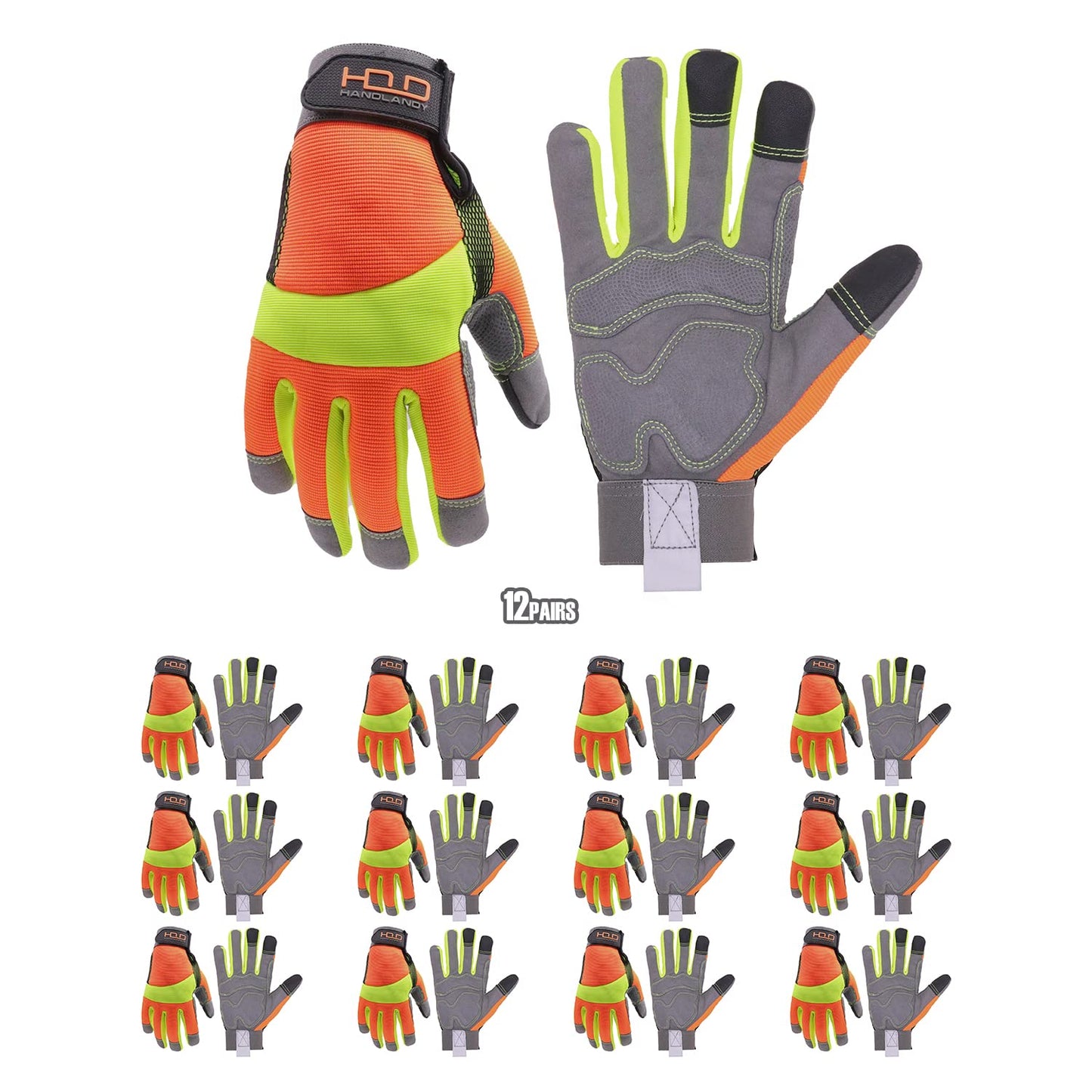 HANDLANDY Hi-vis Reflective Work Gloves Bulk, Pack of 12 Pairs Anti Vibration Safety Gloves for Men Women, Touch Screen (Medium, 12 pairs Hi-vis Yellow)