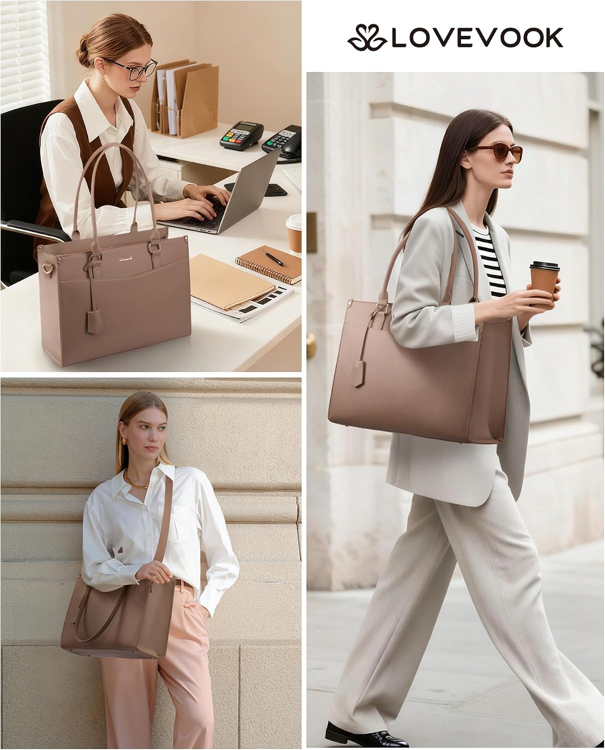 2-in-1 LOVEVOOK Laptop Bag for Women, Tote Purse with Clutch & Cup Holder, Waterproof Briefcase for Work Travel