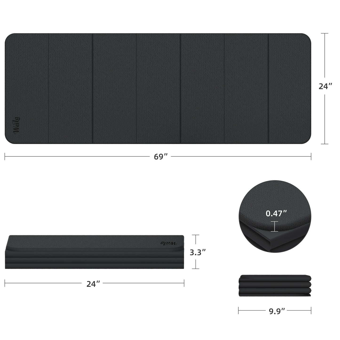 1/2 Inch Extra Thick Yoga Mat Pilates Equipment, 70"x24" Odorless Workout Mats for Home Gym, Non-slip Exercise Mats for Women Men Home Workout, Foldable Yoga Mats for Travel Camping Sleeping(Charcoal)