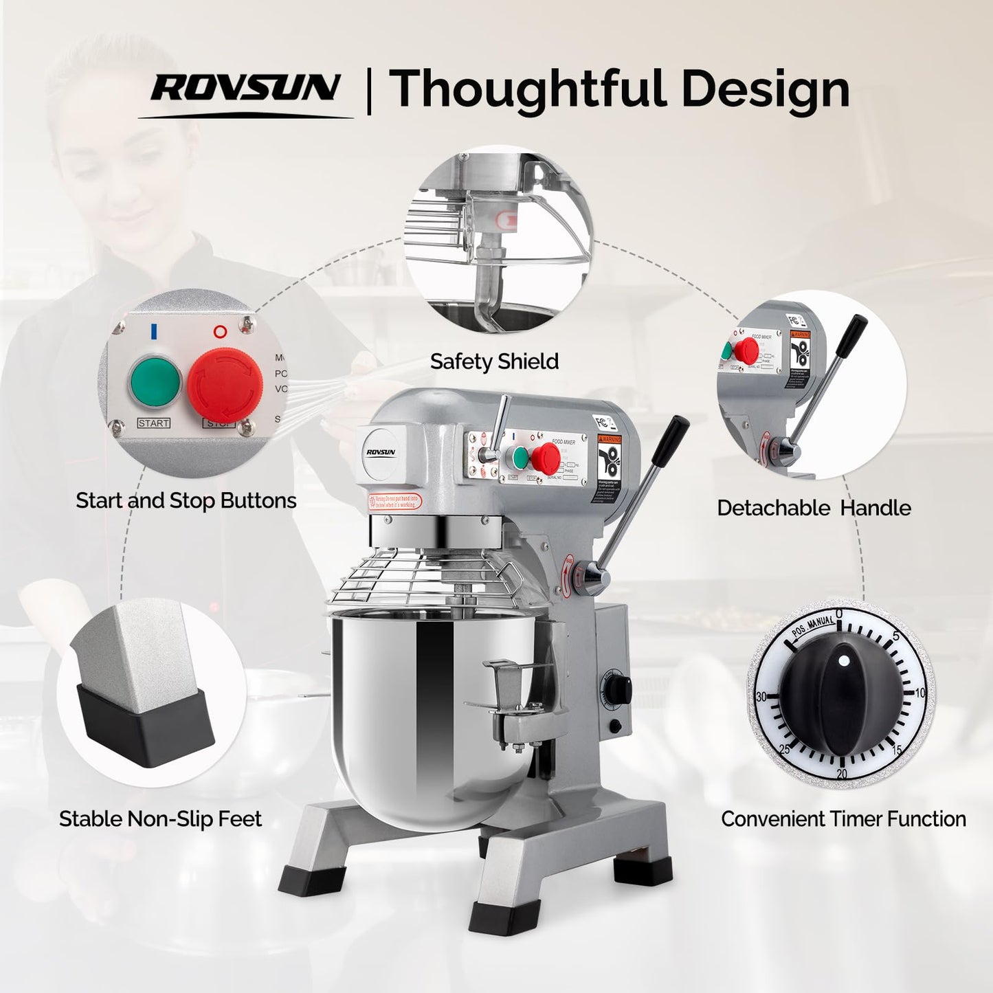 ROVSUN 30QT Commercial Food Mixer, 1100W Commercial mixer with 3 Adjustable Speed, Heavy Duty Electric Stand Food Mixer with Stainless Steel Bowl for Bakery Pizzeria