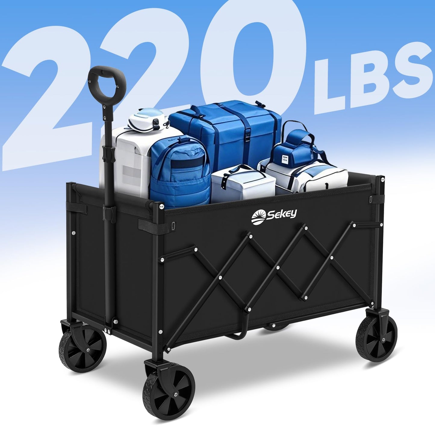 Sekey Wagon Cart with Wheels with 220LBS Capacity,Heavy Duty Wagon Carts Foldable,Lightweight Utility Portable Cart for Grocery, Shopping, Garden, Camping. Black